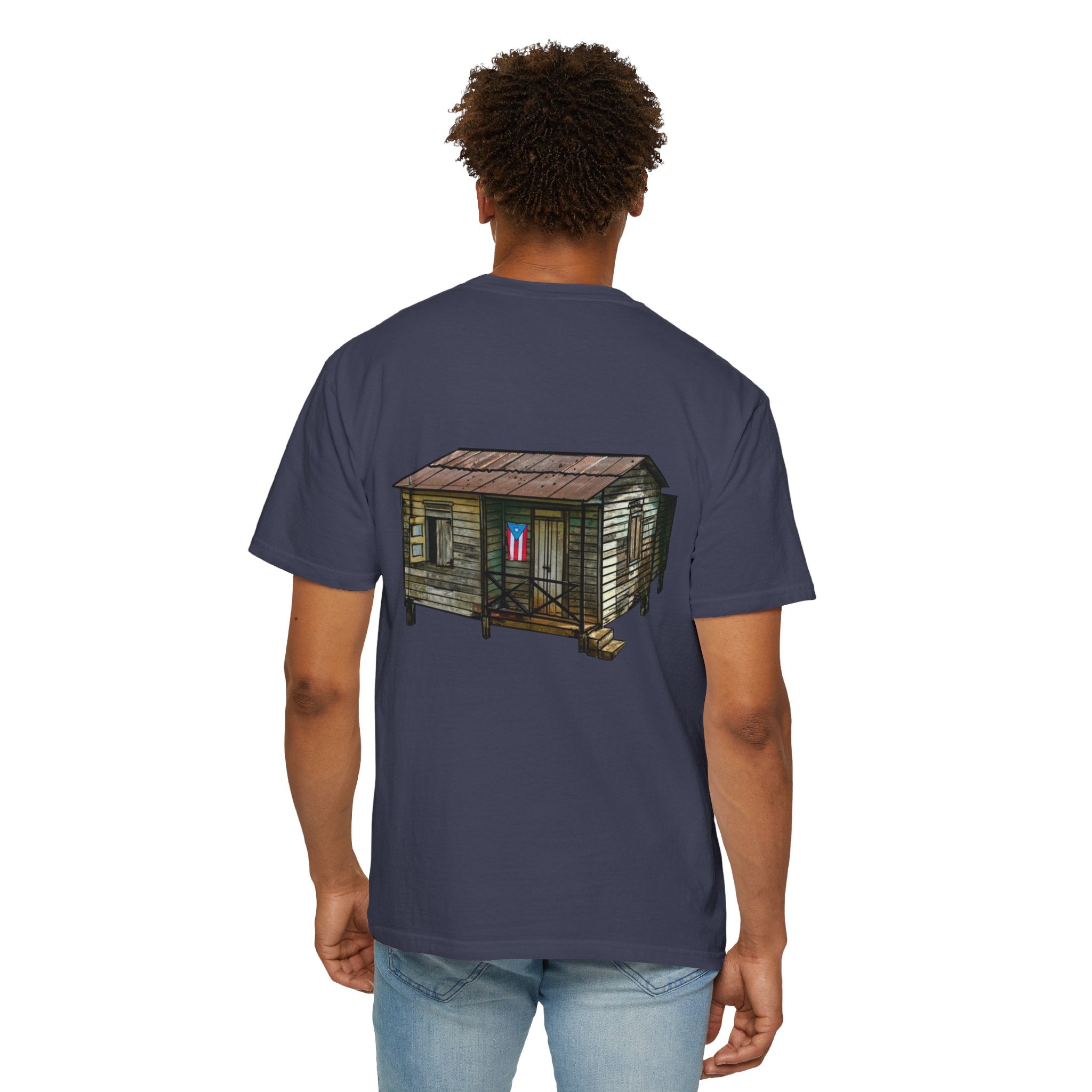 Puerto Rican Batey Cabin T-Shirt  Three Masks & Rustic House Graphic Tee Puerto Rico Navidades