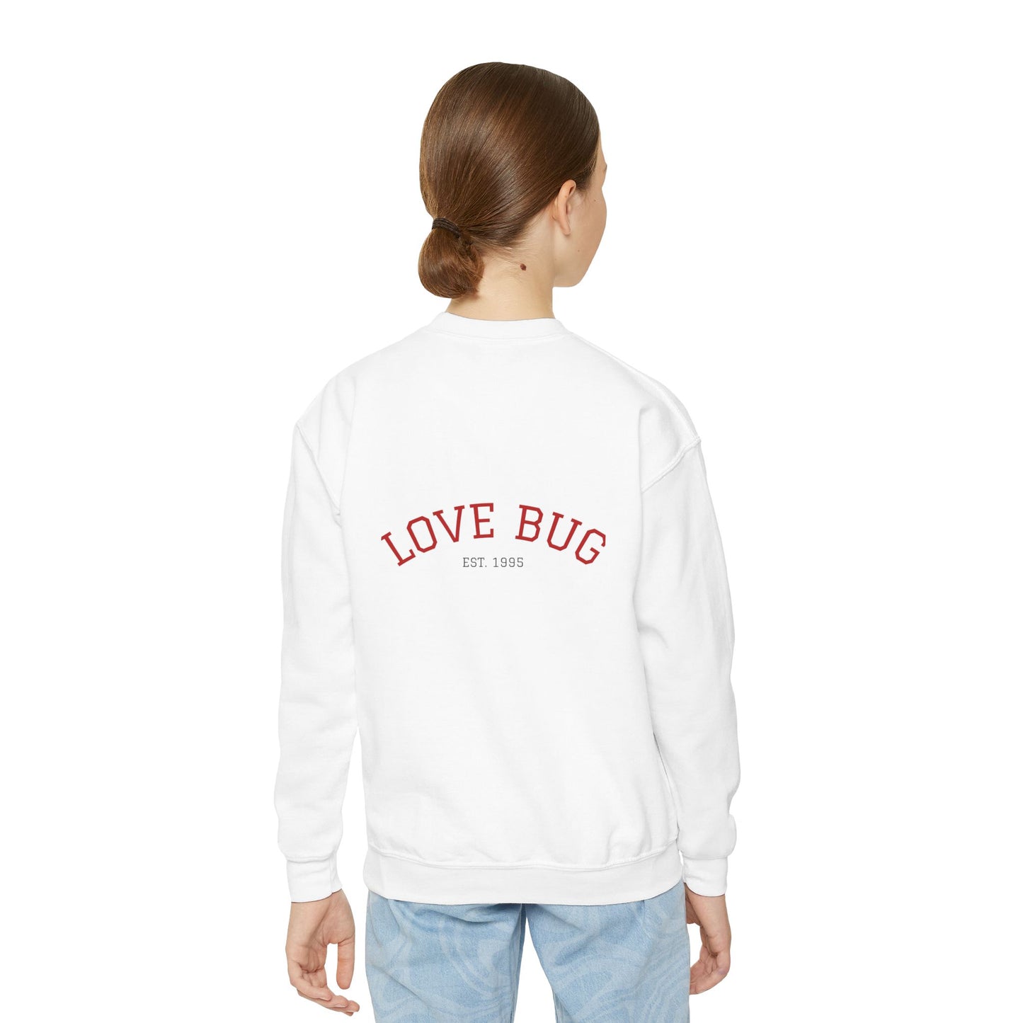 Youth Sweatshirt  Cute Girl with Heart Shower "Love Bug" Crewneck