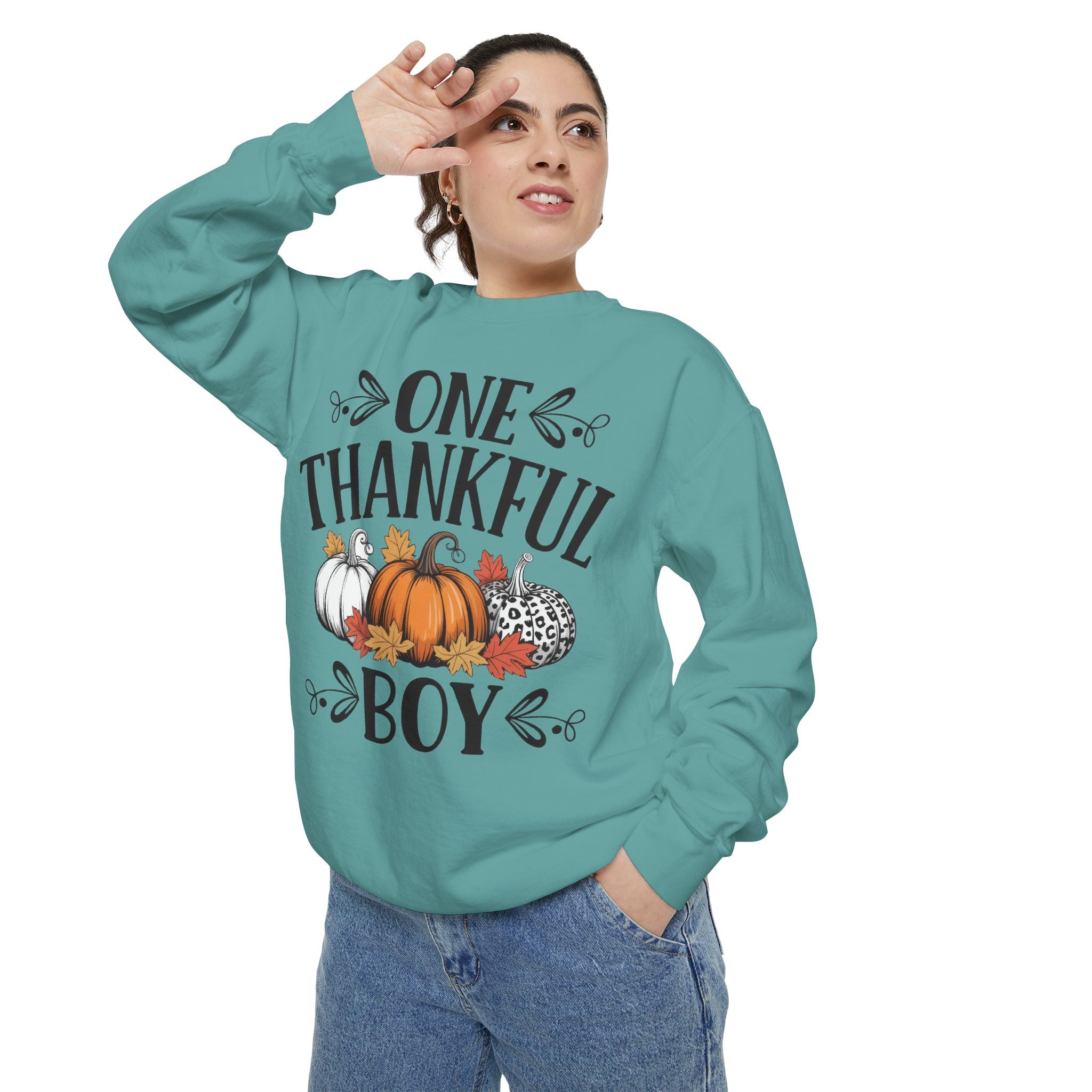 Thankful Boy Sweatshirt  Fall Pumpkin Thanksgiving Crewneck Fall T-Shirts and Sweatshirts Collection
