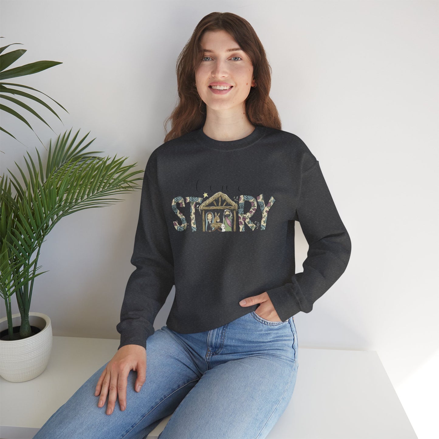 Crewneck Sweatshirt "Come Story" Floral Nativity Design  Cozy Christmas Pullover unique festive designs and joyful