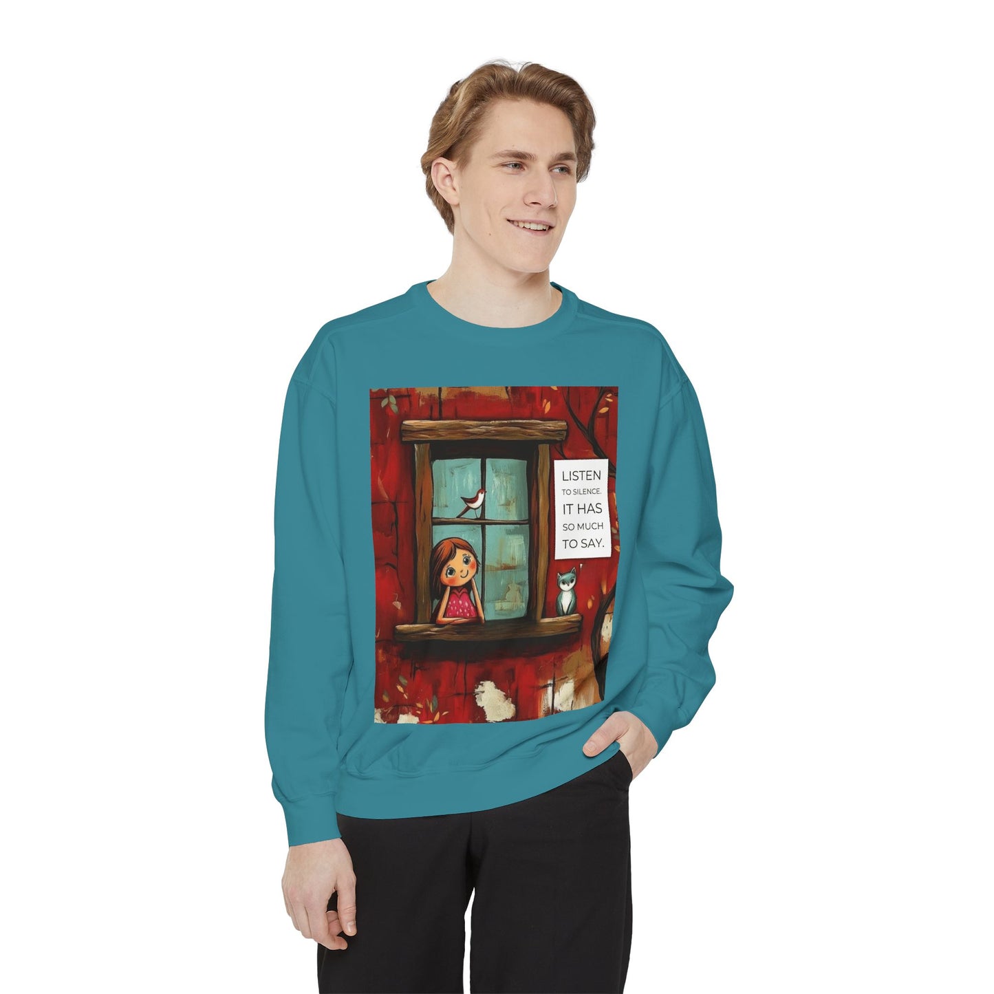 Cozy Window Scene Sweatshirt  "Listen, It Has So Much to Say" Graphic