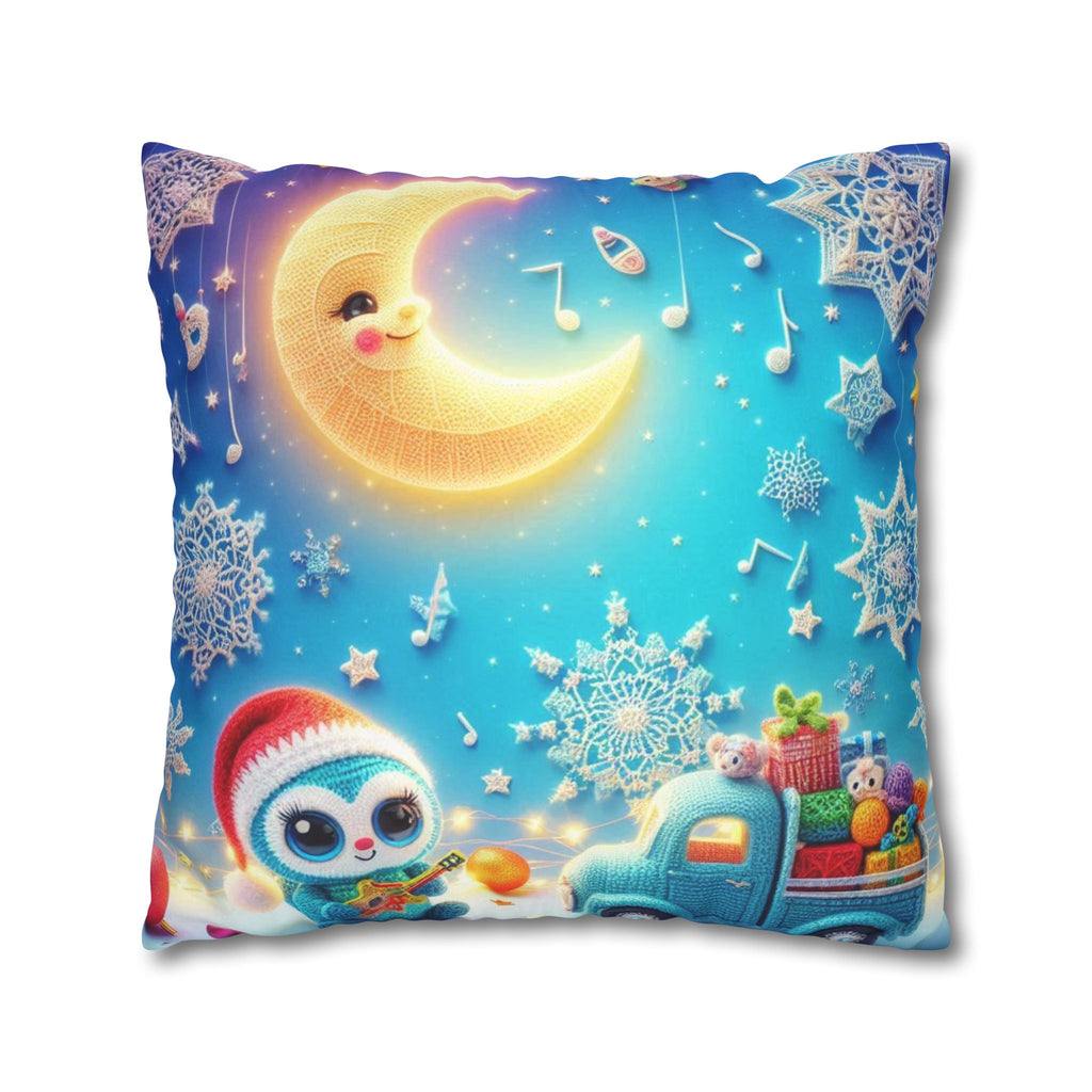 Whimsical Moon & Penguin Holiday Pillowcase  Faux Suede Square Throw Pillow