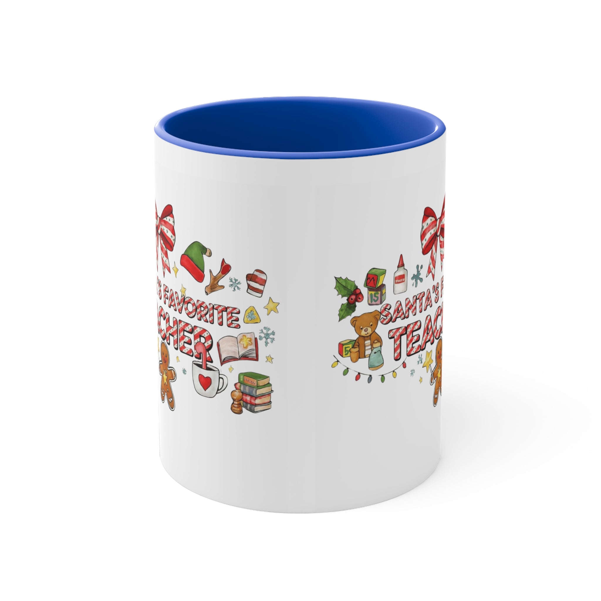 A festive Christmas mug for teachers who inspire hearts and minds all year long.  “Santa’s Favorite Teacher” 11oz Accent Coffee Cup