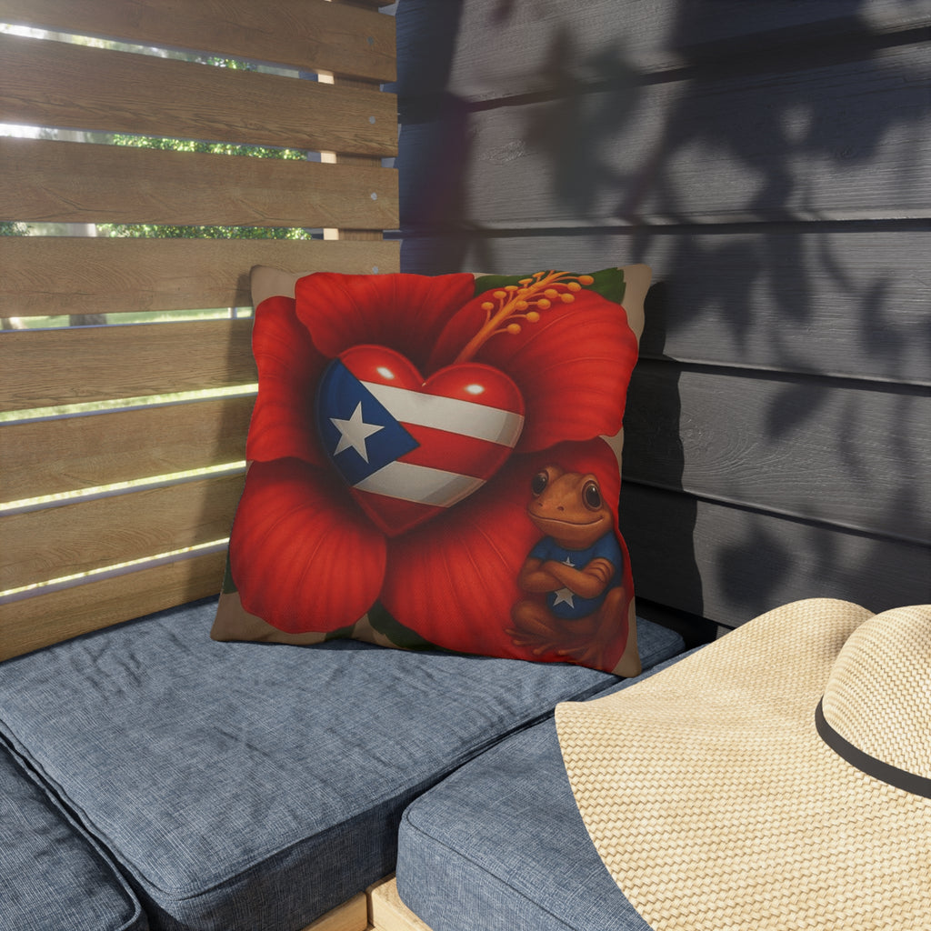 Puerto Rico Heart Flag Outdoor Pillow — Coquí & Hibiscus Patio Cushion Puerto Rico Culture Pillow