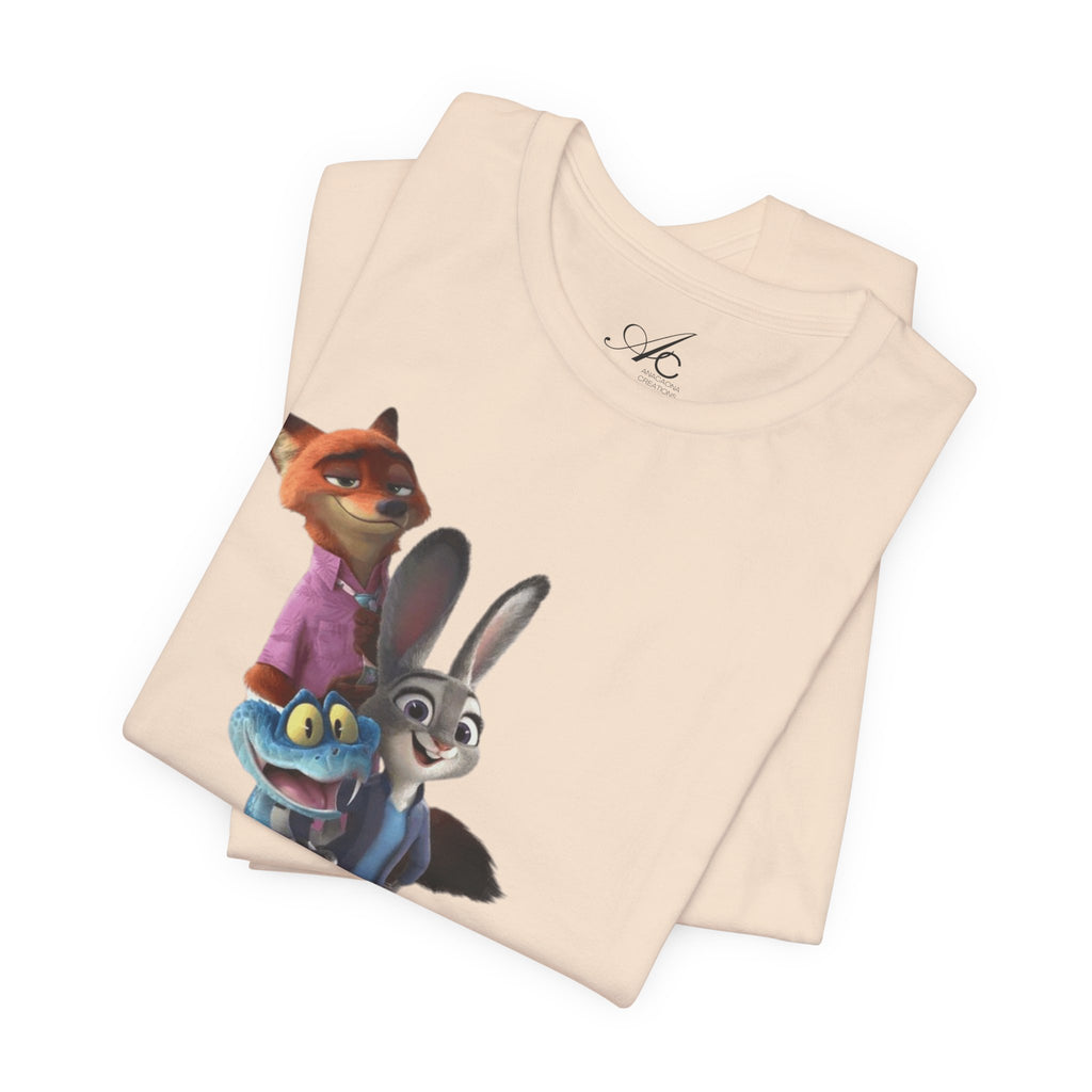 Animated Character Tee — Cute Fox & Bunny Stack Graphic T-Shirt  cartoon-style Christmas artwork