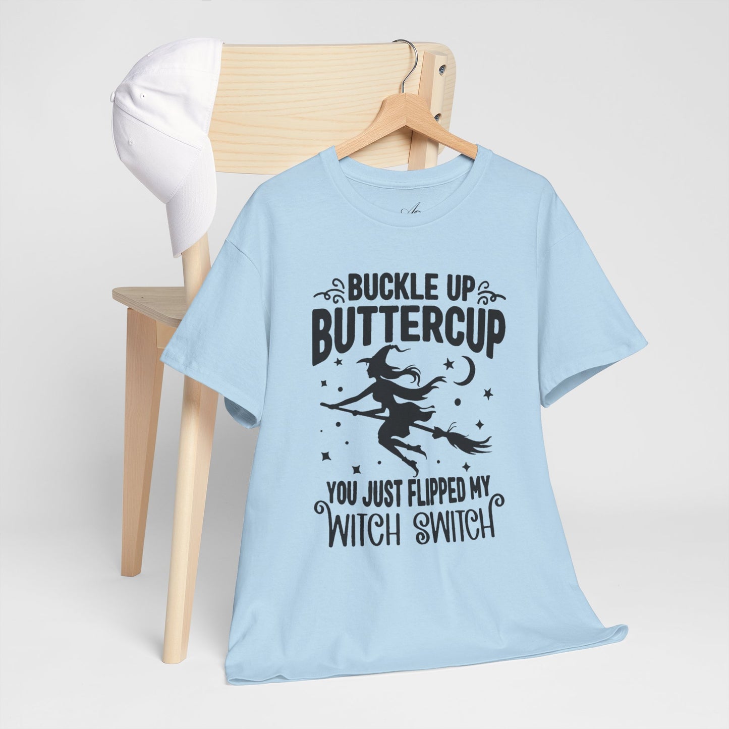 Witchy Humor Tee - Buckle Up Buttercup, Unisex Heavy Cotton Tee, Halloween Shirt, Casual Wear, Gift for Her, Funny T-Shirt