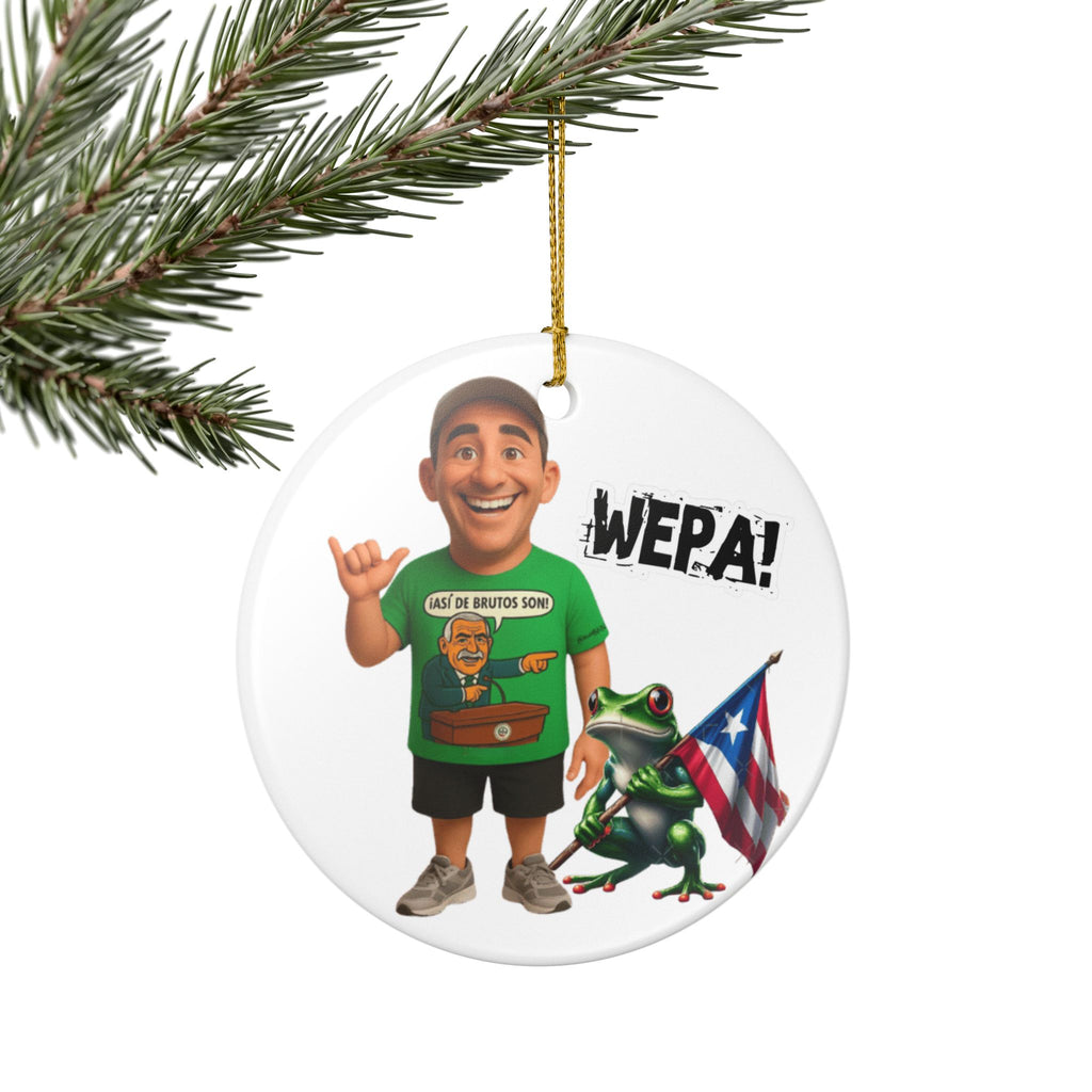Puerto Rican Wepa! Ceramic Ornament Eliezer Molina & Coqui Frog with Flag