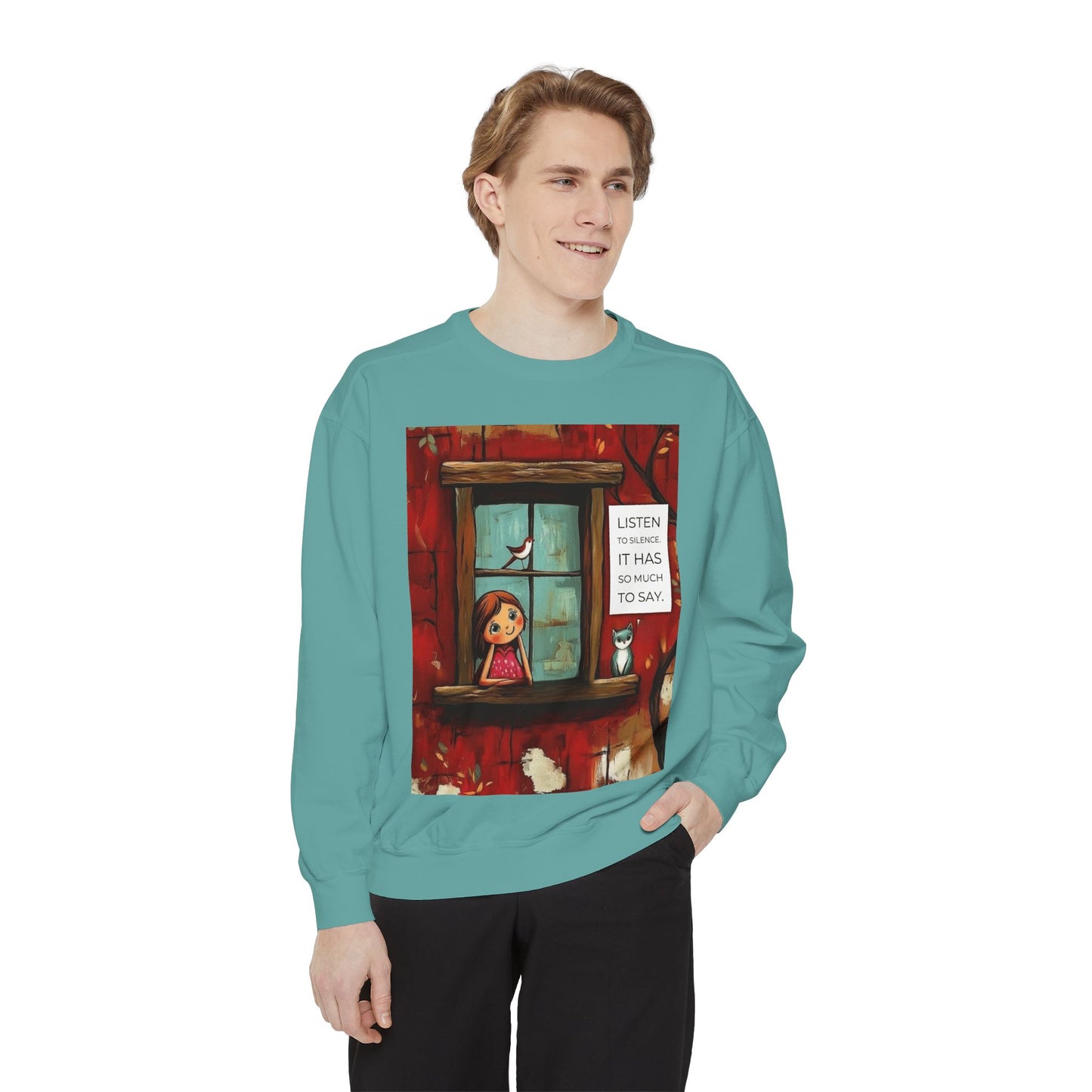 Cozy Window Scene Sweatshirt  "Listen, It Has So Much to Say" Graphic
