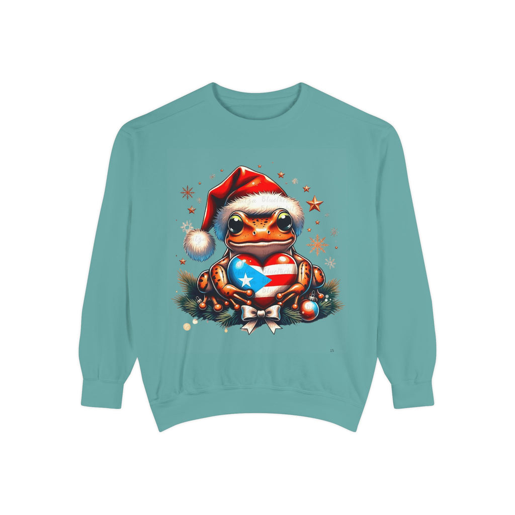 Christmas Coqui Sweatshirt — Cute Santa Frog Holding Ornament Holiday Sweater