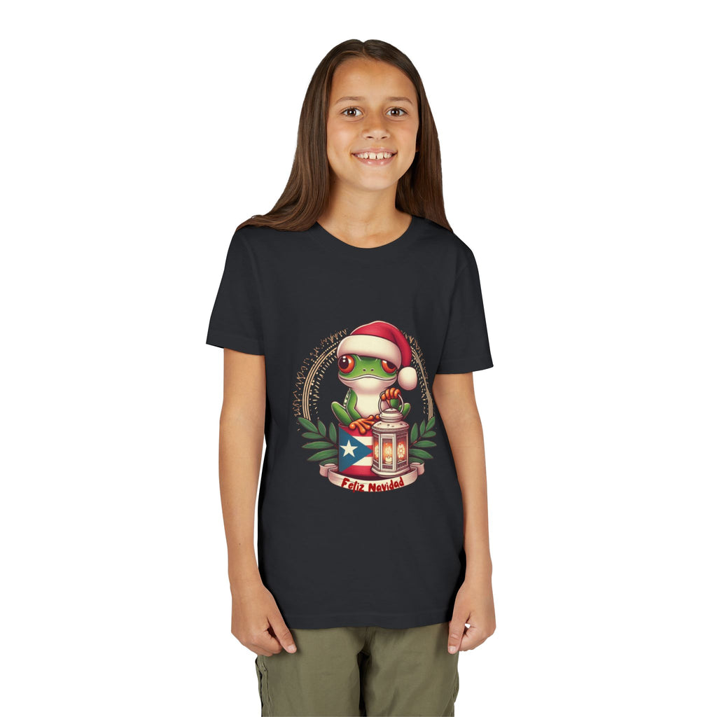 Kids Tee Cute Frog with Puerto Rican Flag & Lantern (Feliz Navidad)
