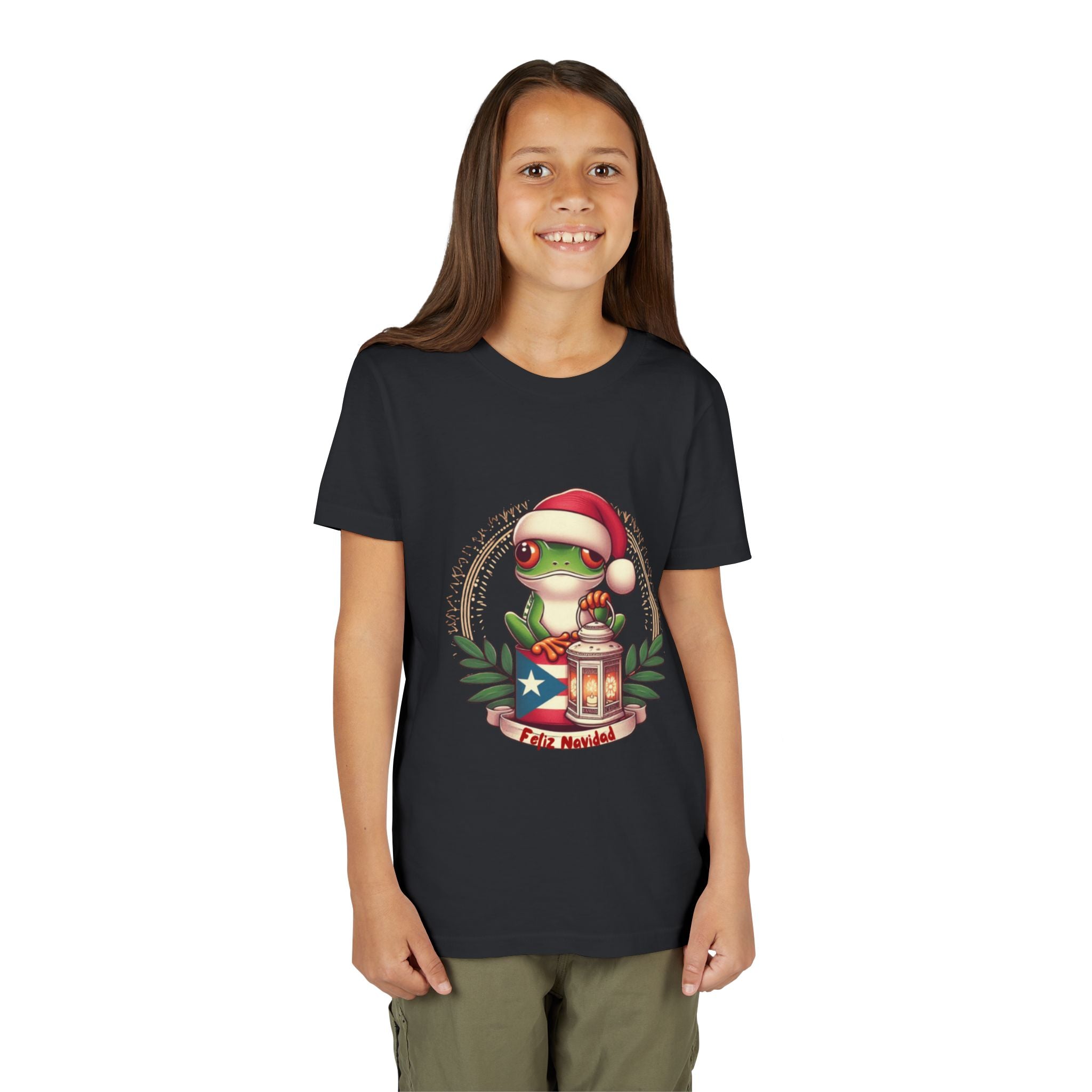 Kids Tee Cute Frog with Puerto Rican Flag & Lantern (Feliz Navidad)