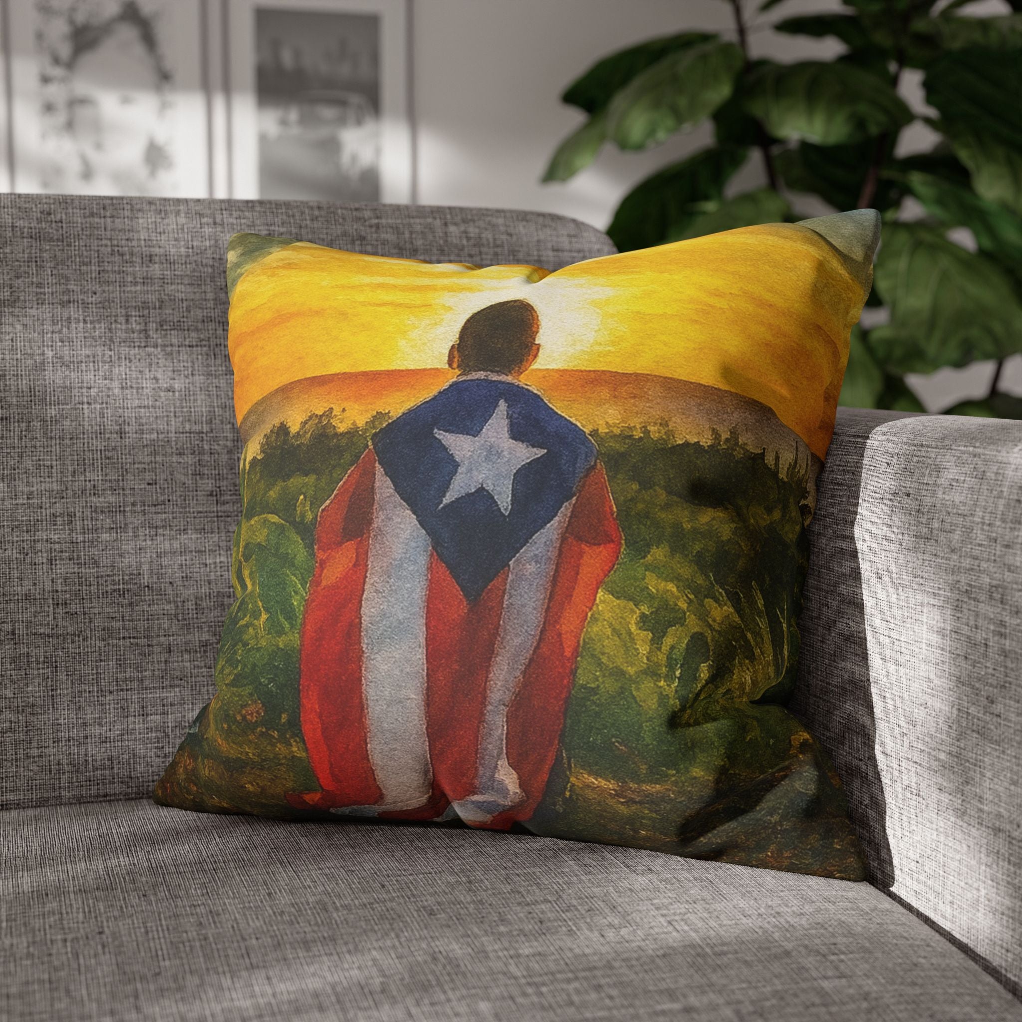 Puerto Rican Flag Sunset Pillowcase  Boy Draped in Puerto Rico Flag Decorative Throw Pillow Puerto Rico Culture Pillow