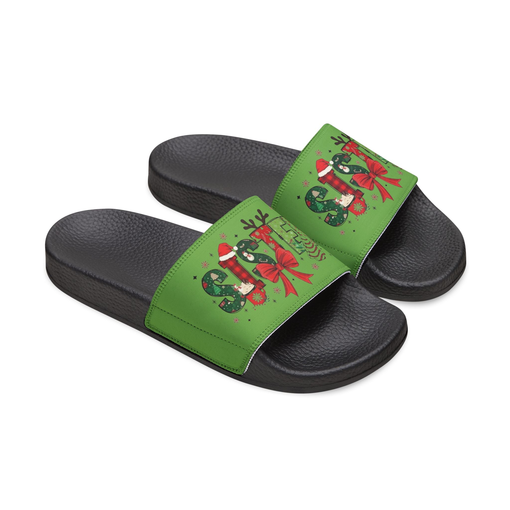 Sister Women's Holiday Slide Sandals — Green 'Joy' Gift Bow Design