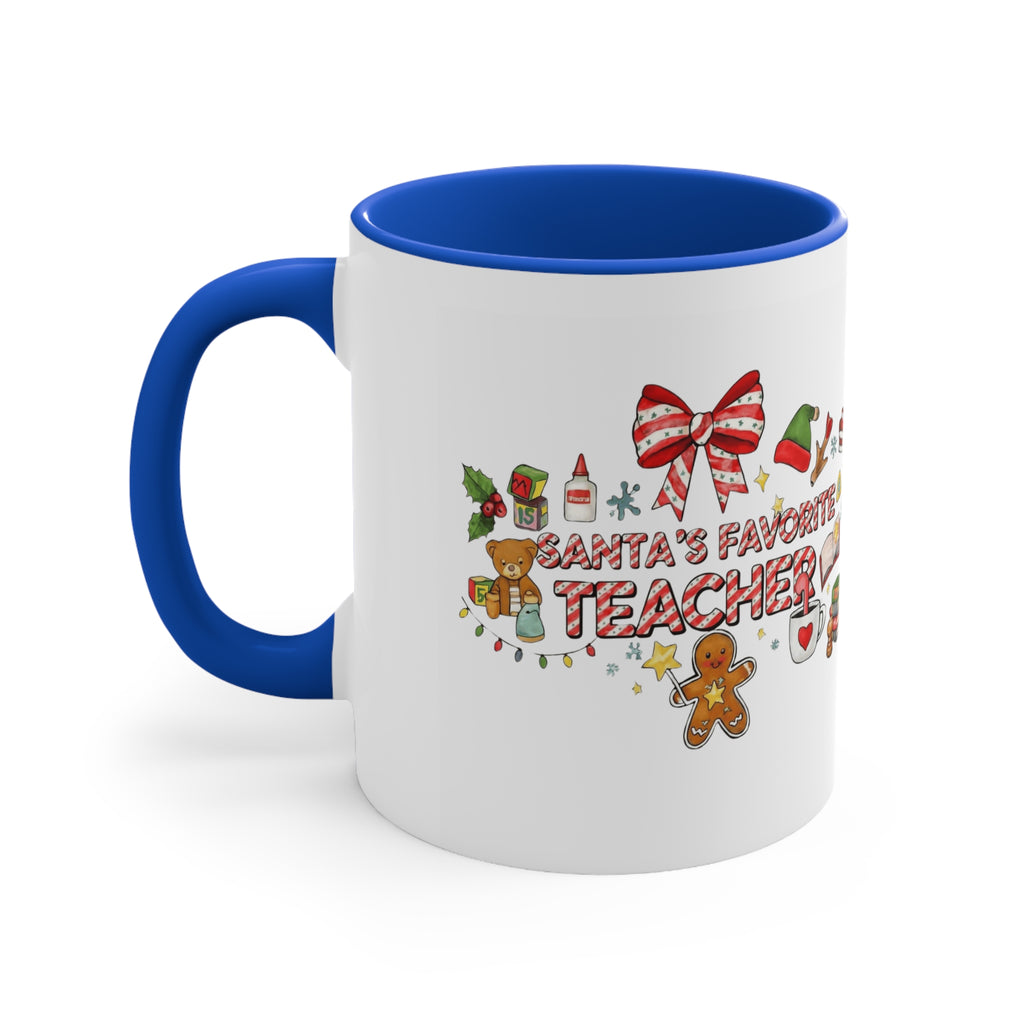 A festive Christmas mug for teachers who inspire hearts and minds all year long.  “Santa’s Favorite Teacher” 11oz Accent Coffee Cup