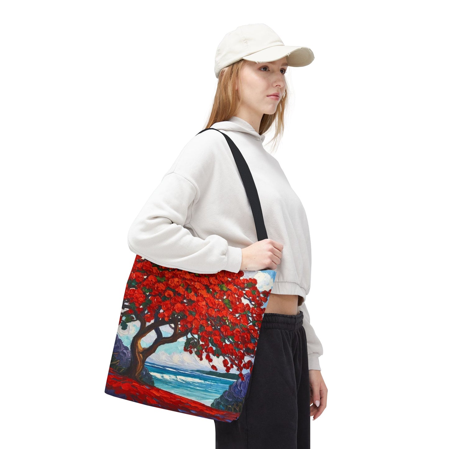 Red Blossom Beach Tote - Tropical Tree Art All-Over Print Tote Bag Crochet-Decorated Tote Bags