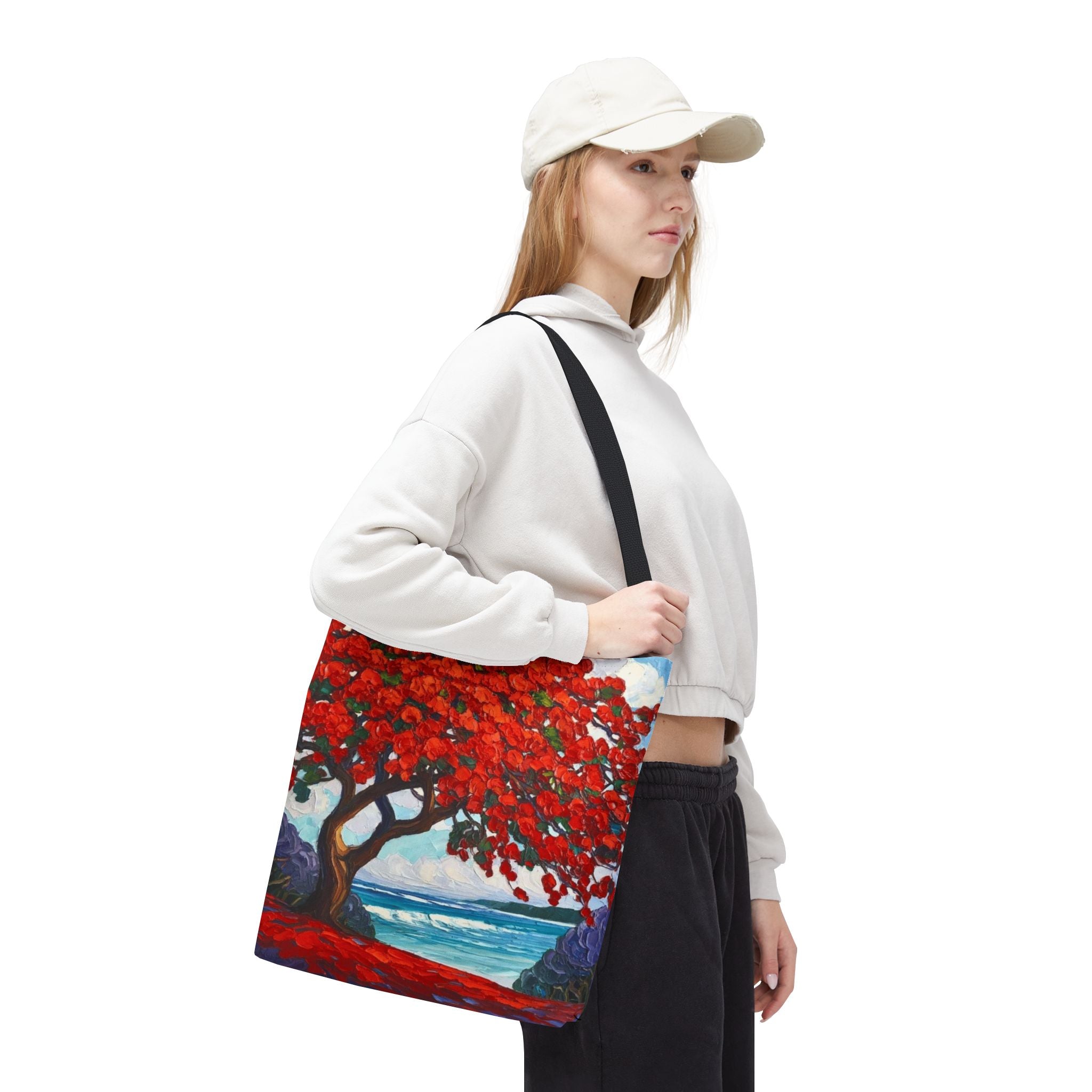 Red Blossom Beach Tote - Tropical Tree Art All-Over Print Tote Bag Crochet-Decorated Tote Bags
