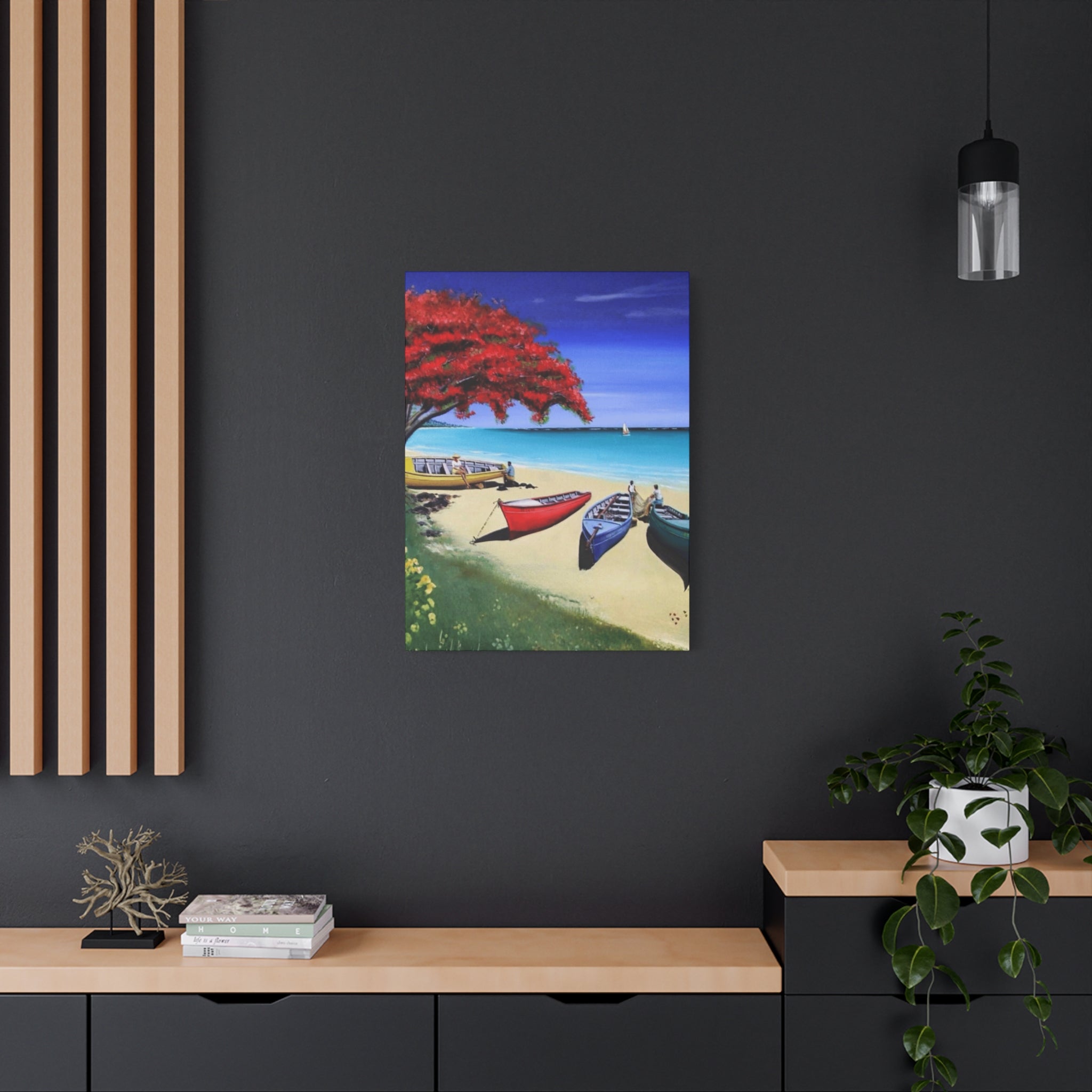 Beach Canoes Canvas Wall Art Tropical Seaside Landscape Matte Stretched Canvas