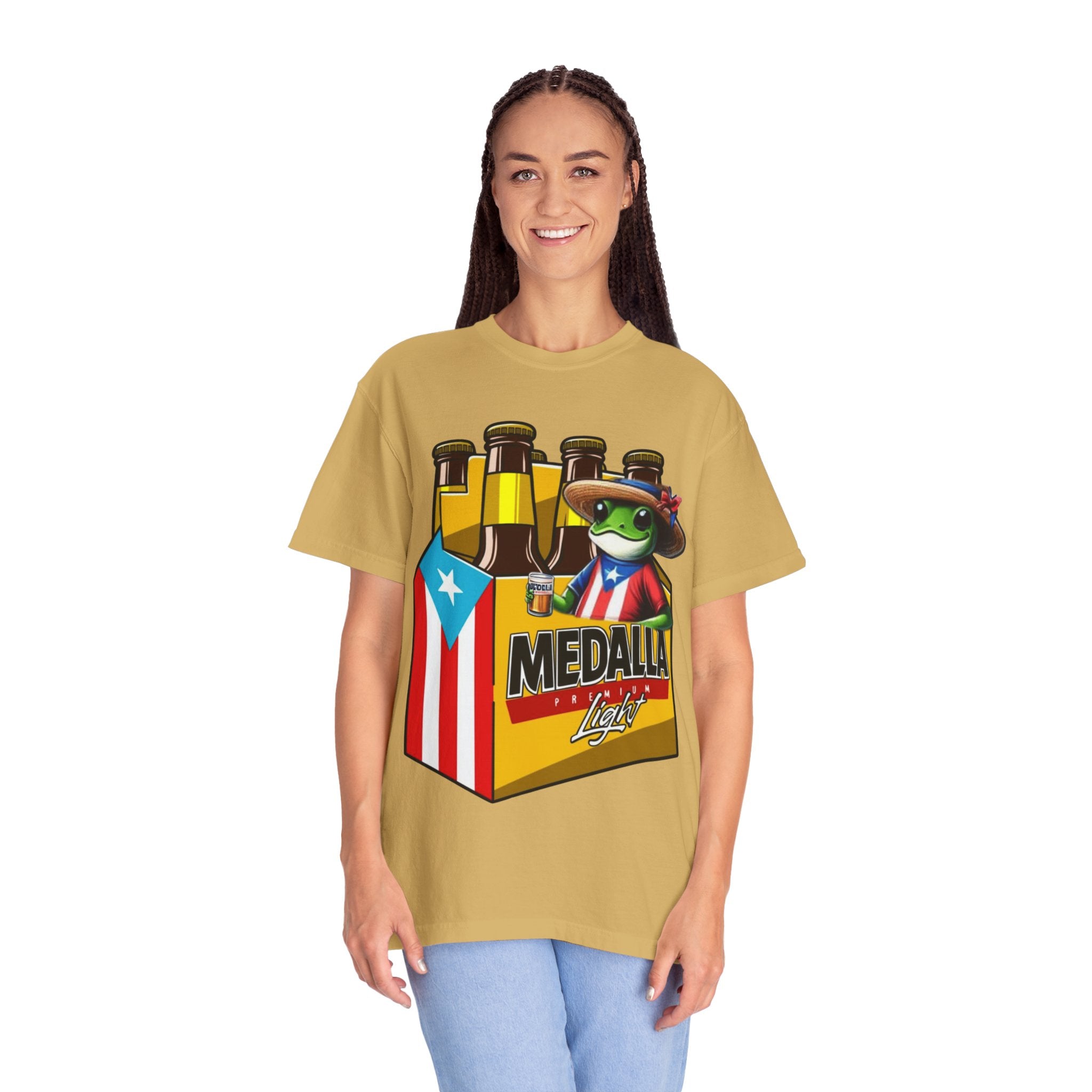Medalla Light Puerto Rican Beer T-Shirt Coqui Frog Mascot Six-Pack Graphic Tee Puerto Rico’s Navidades