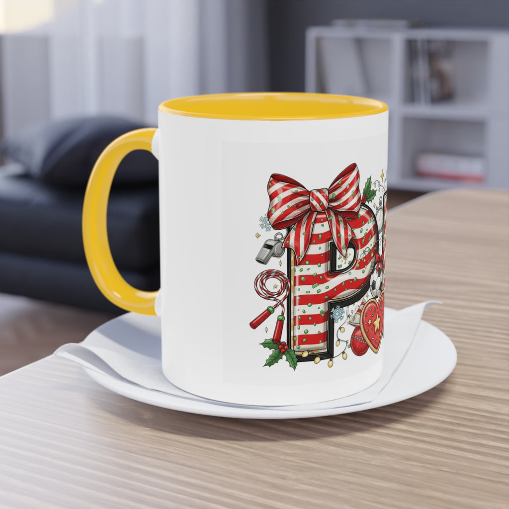 Holiday Sports Mom Coffee Mug Festive 'PE' Candy-Stripe Design, 11oz Two-Tone School Staff Christmas Mug Collection,