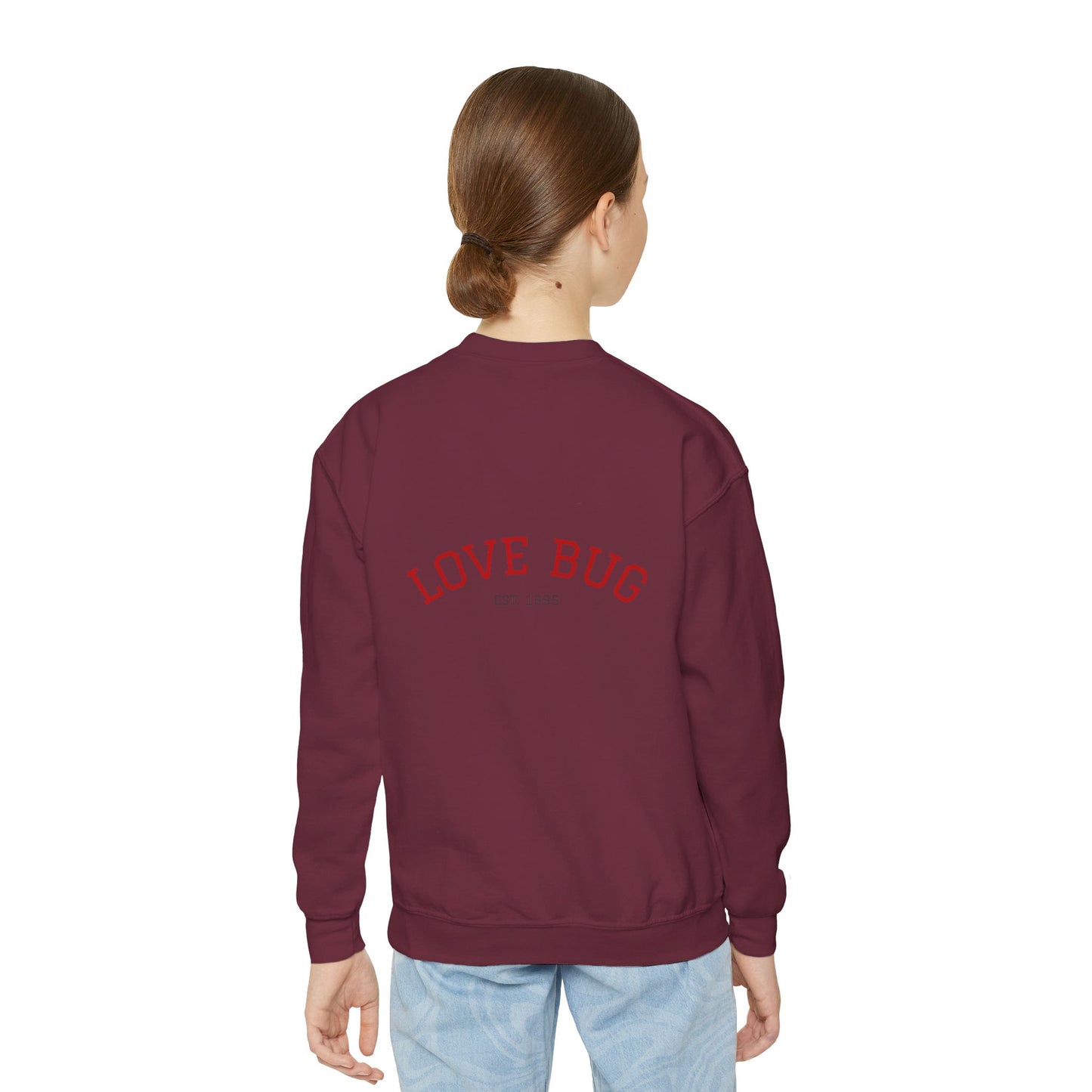 Youth Sweatshirt  Cute Girl with Heart Shower "Love Bug" Crewneck