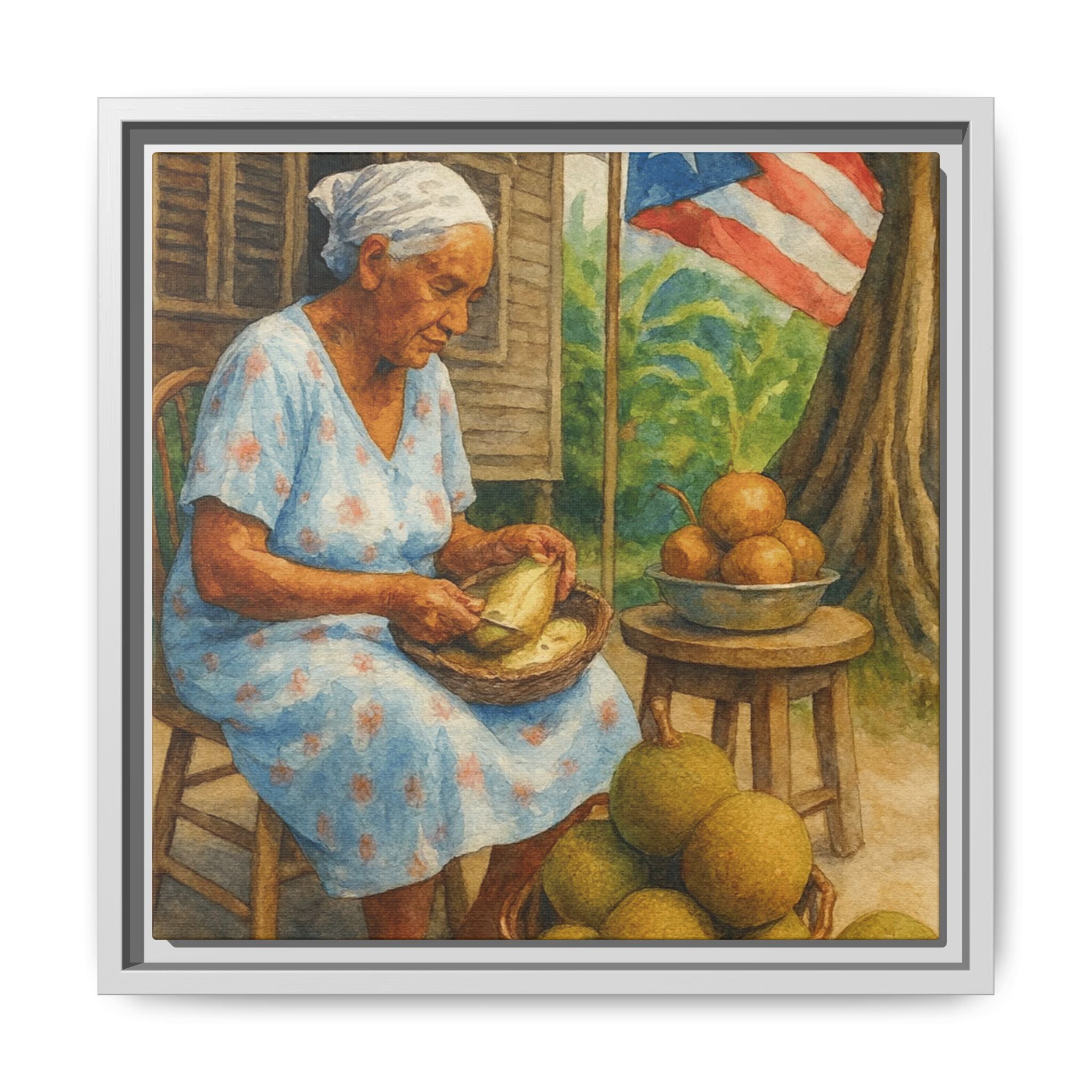 Cultural & Story-Driven These Puerto Rico inspired  Framed Matte Canvas Print  Woman Shelling Fruit Vintage Tropical Painting