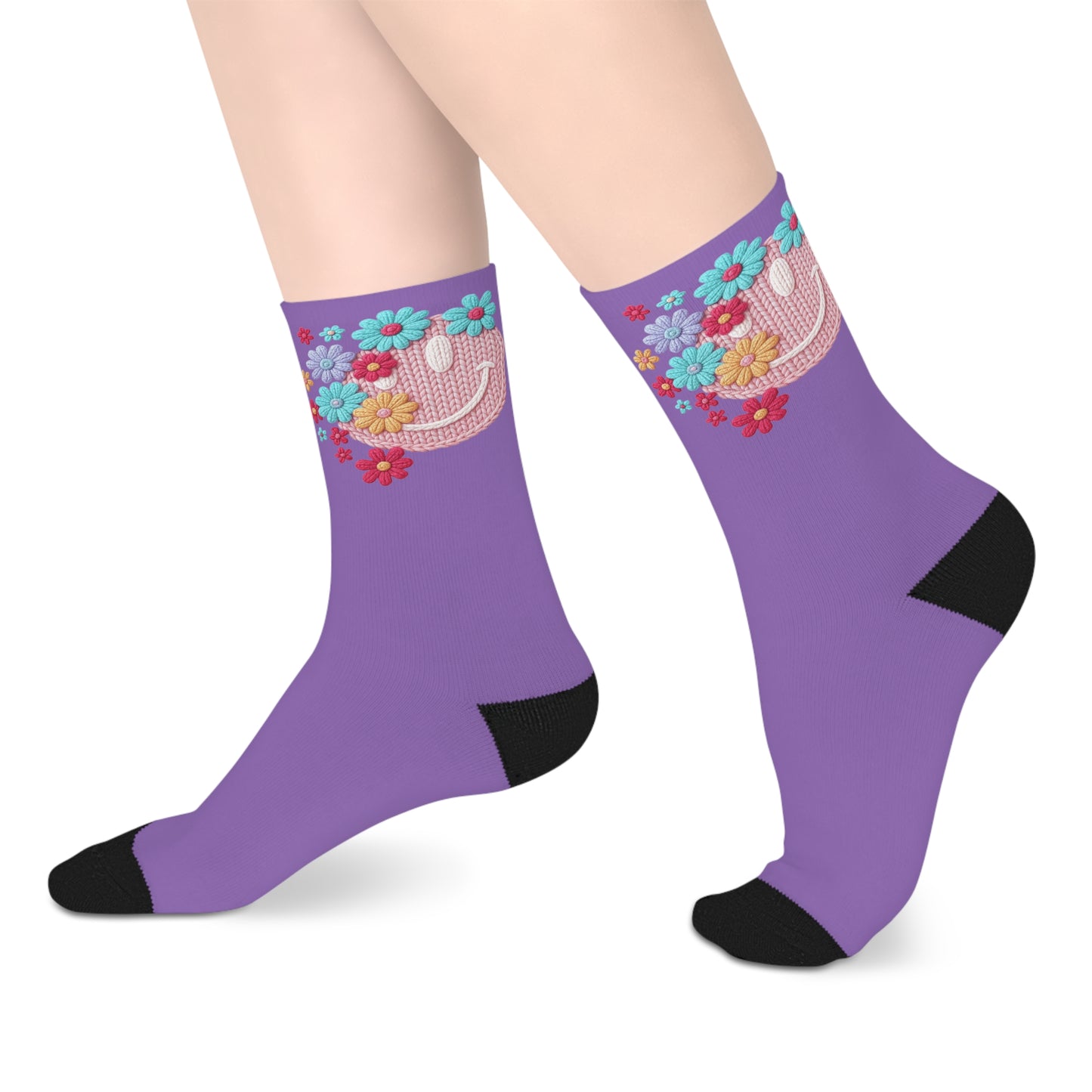 Purple Floral Smiley Mid-Length Socks — Cute Crochet Smile & Colorful Flowers