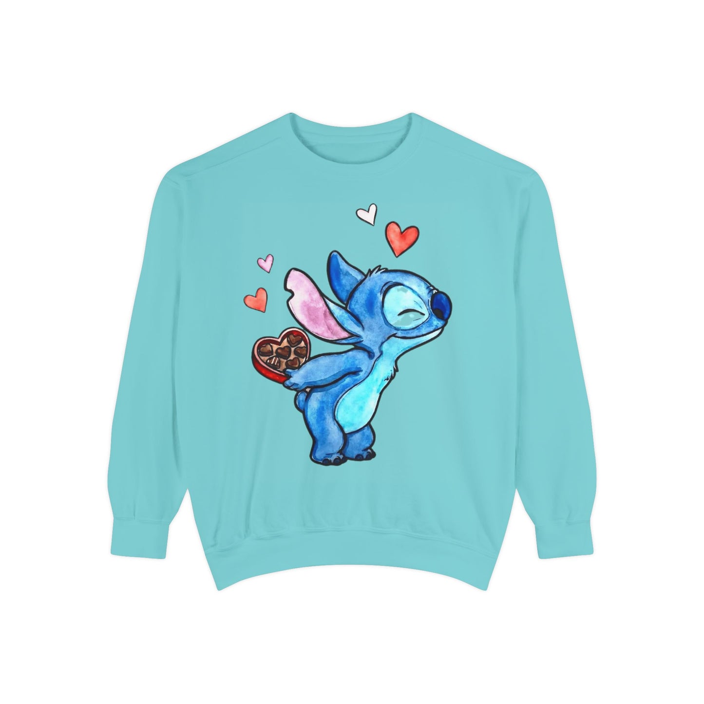Stitch Valentine Sweatshirt — Cute Blue Alien with Hearts & Chocolate Pocket