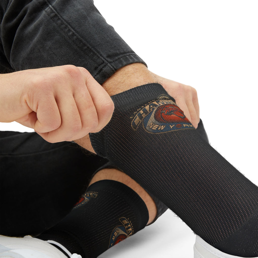 NY*K Basketball Black Sublimation Crew Socks with Vintage Motorcycle Badge Design