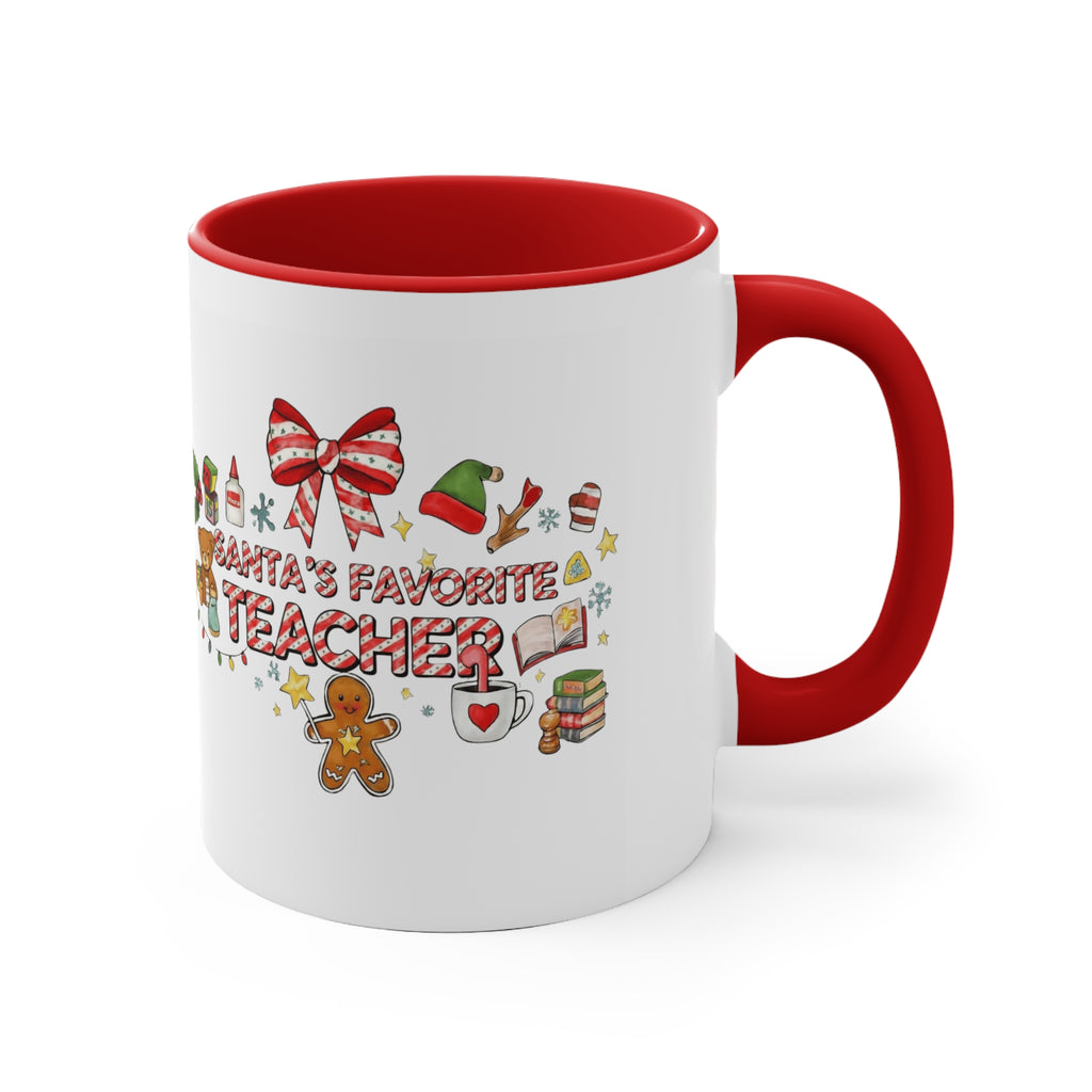 A festive Christmas mug for teachers who inspire hearts and minds all year long.  “Santa’s Favorite Teacher” 11oz Accent Coffee Cup