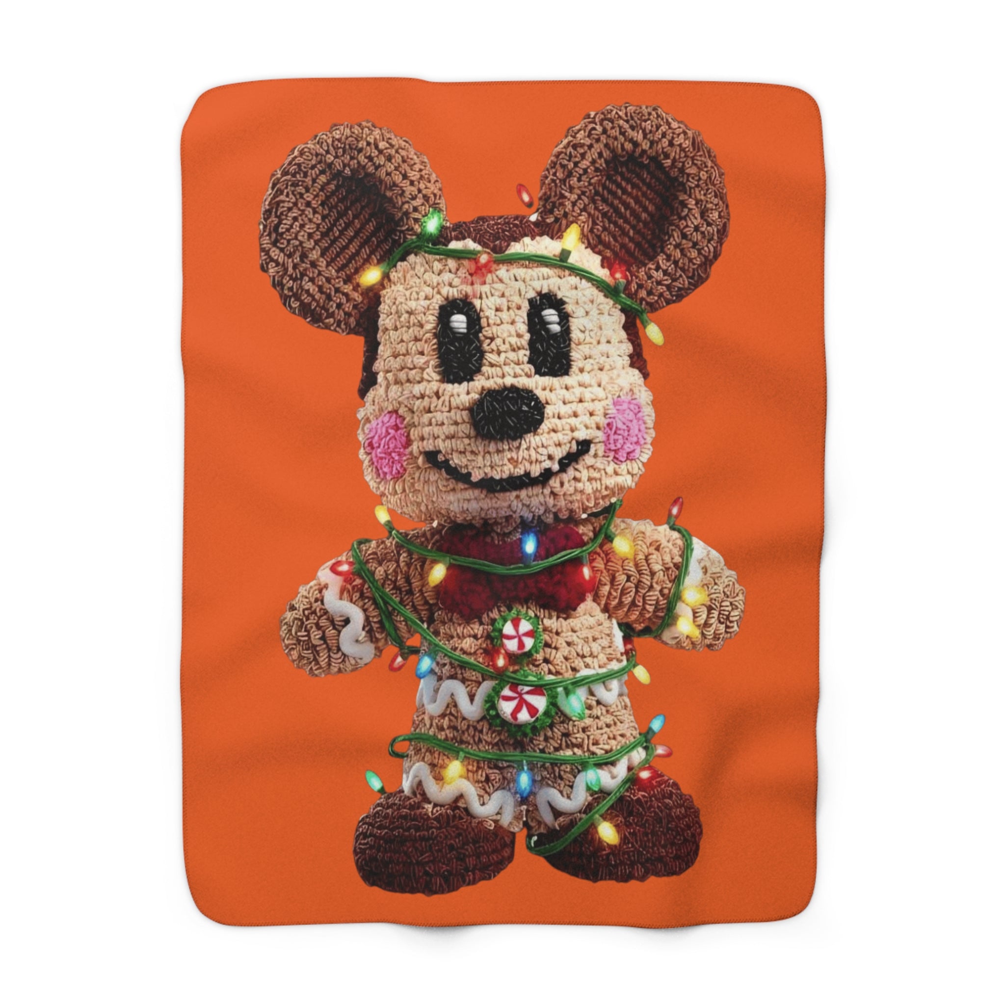 Cozy Crochet Mouse Holiday Sherpa Blanket — Cute Gingerbread Toy Wrapped in Christmas Lights