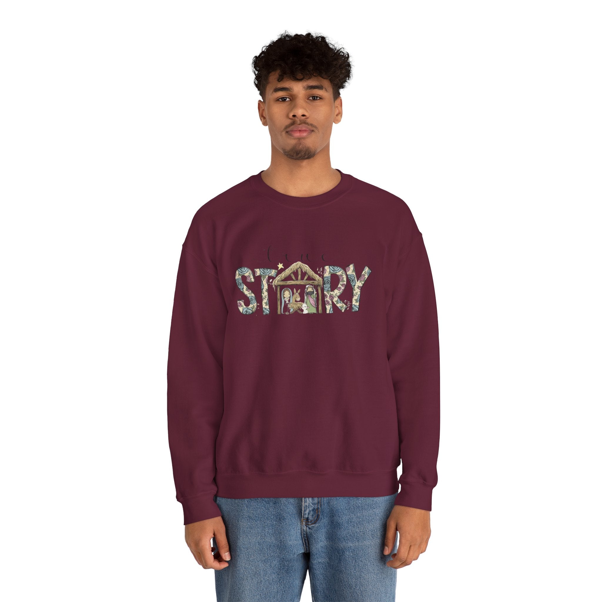Crewneck Sweatshirt "Come Story" Floral Nativity Design  Cozy Christmas Pullover unique festive designs and joyful
