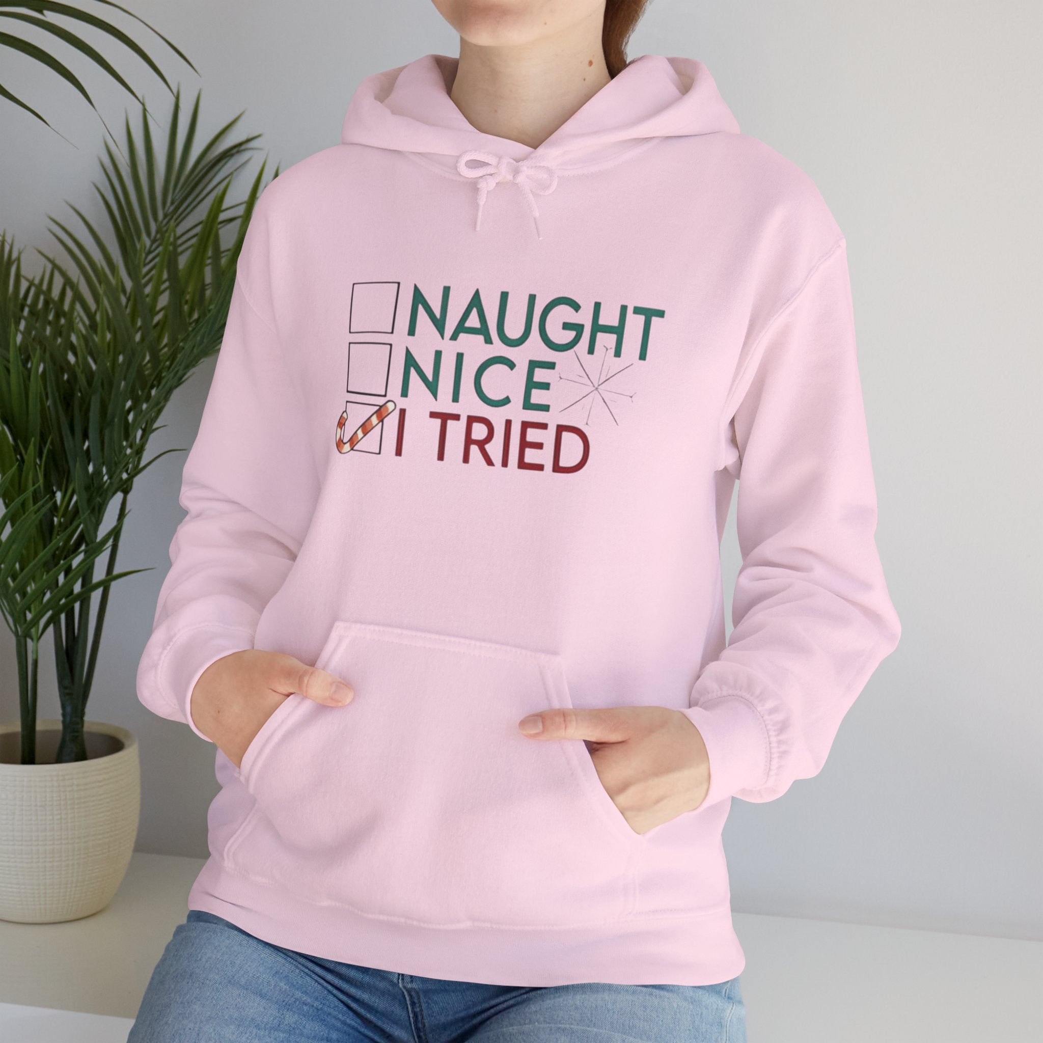 Holiday Hoodie — "Naughty, Nice, I Tried" Funny Christmas Sweatshirt