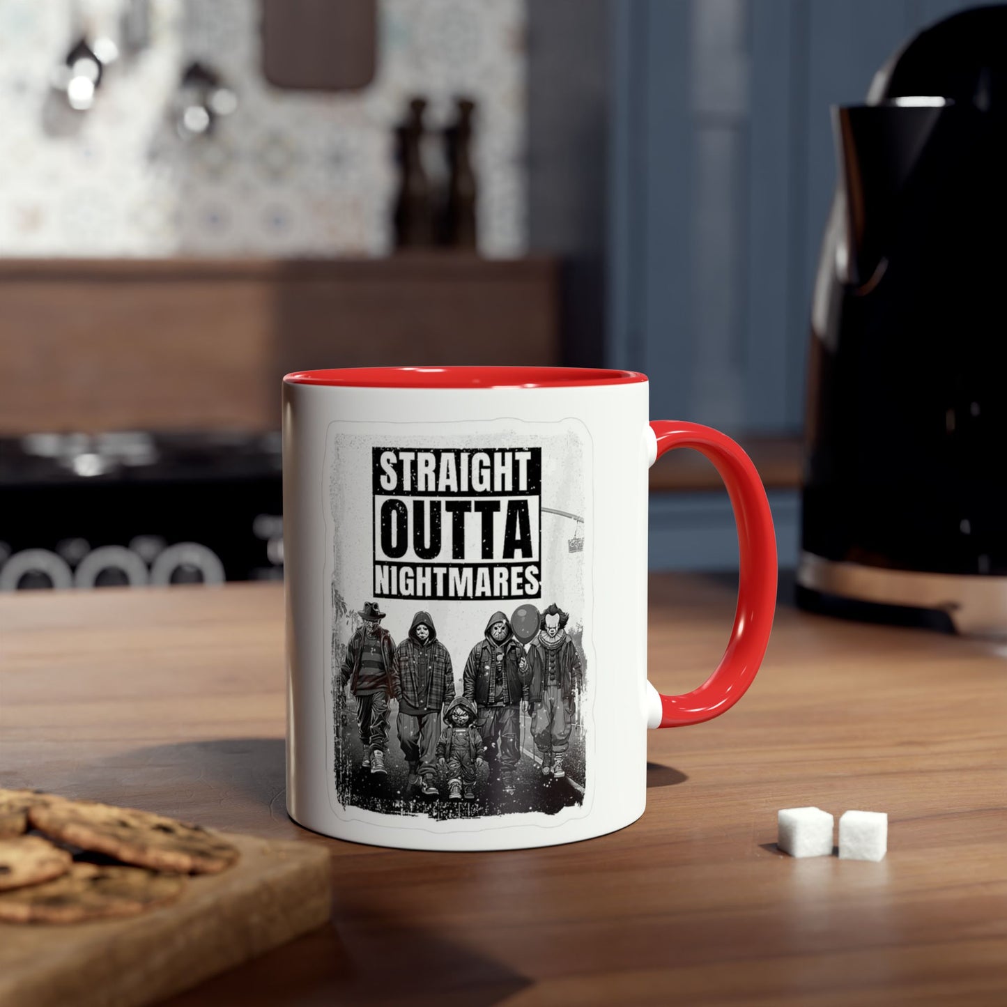 Straight Outta Nightmares Two-Tone Coffee Mug, Unique Gift for Halloween, Fun Office Decor, Red Handle Mug, Collectible Coffee Cup