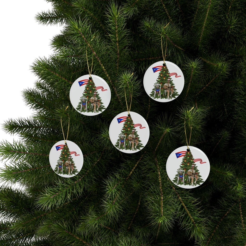 Puerto Rican Christmas Ornament Coquí & Palm Tree Ornament  Festive Tree with Guitarist Ceramic Heart Ornament