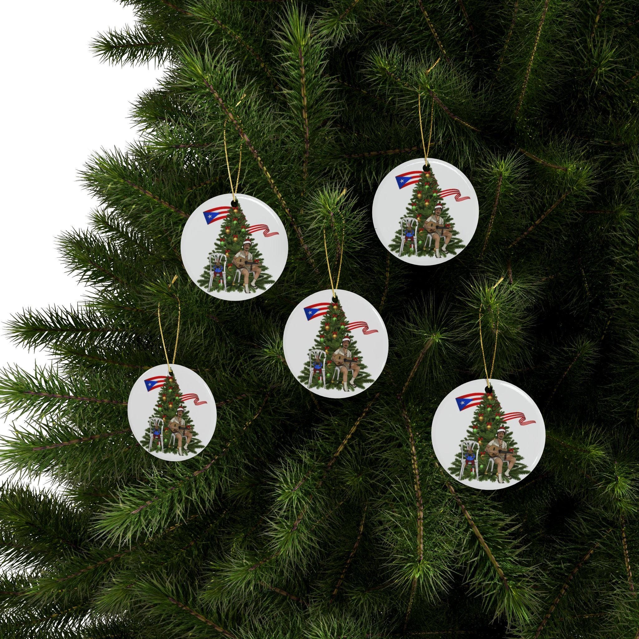 Puerto Rican Christmas Ornament Coquí & Palm Tree Ornament  Festive Tree with Guitarist Ceramic Heart Ornament
