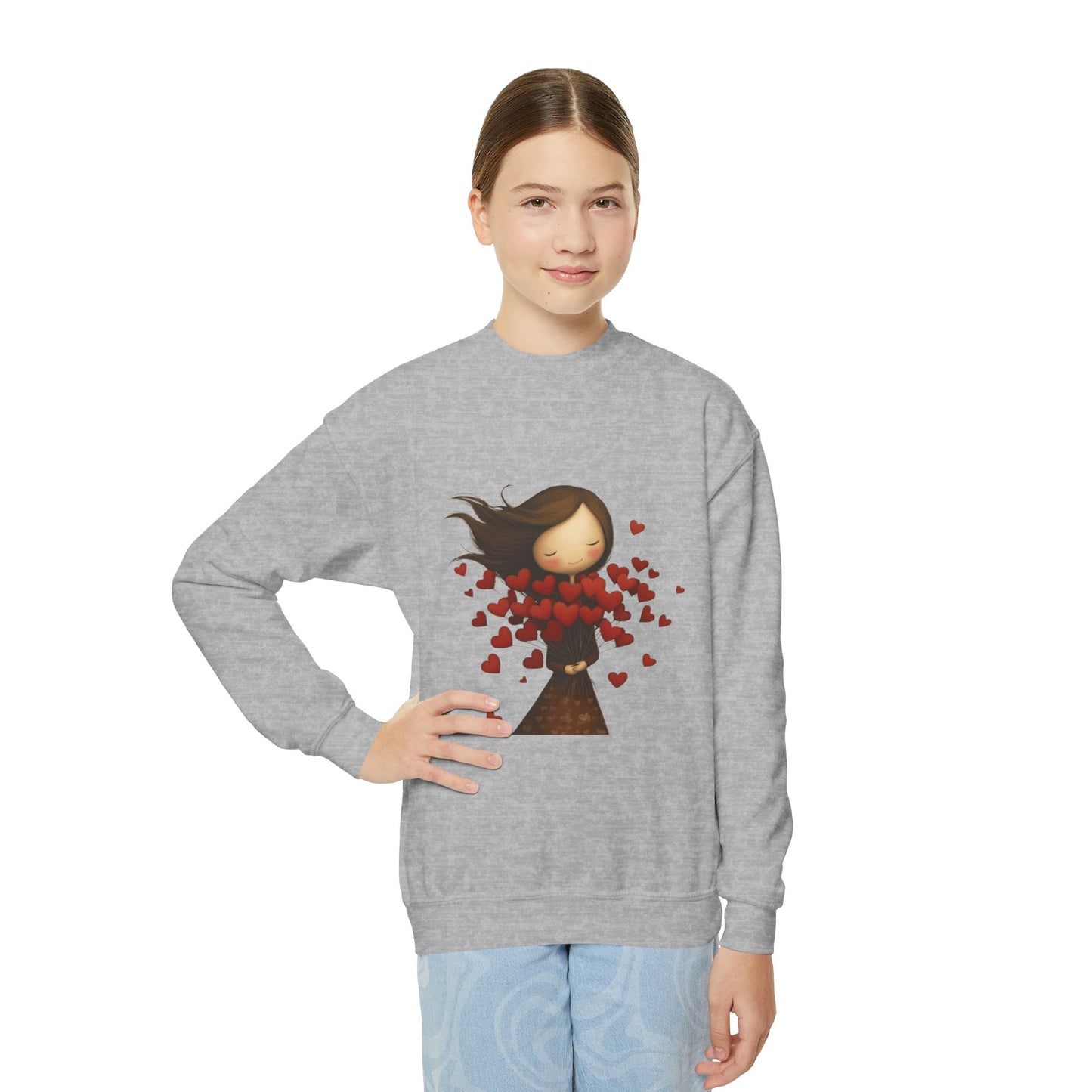 Youth Sweatshirt  Cute Girl with Heart Shower "Love Bug" Crewneck