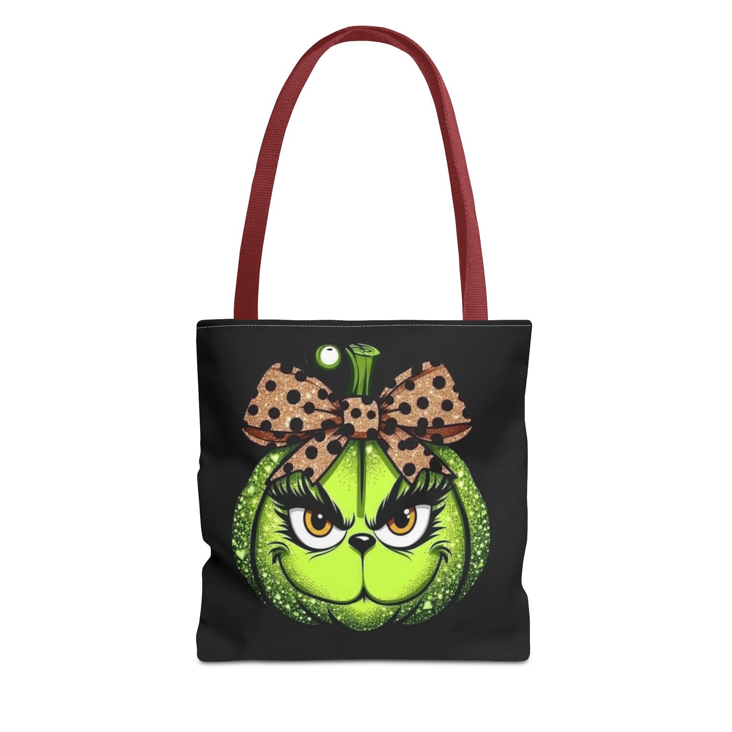 Grinch-Inspired Tote Bag with Polka Dot Bow Christmas Tote Bag Festive Holiday Design
