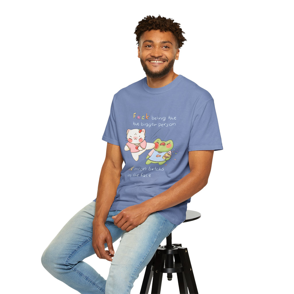 Graphic T-Shirt  Cute Kicking Cat & Frog with 'F*ck Being The Bigger Person' Slogan