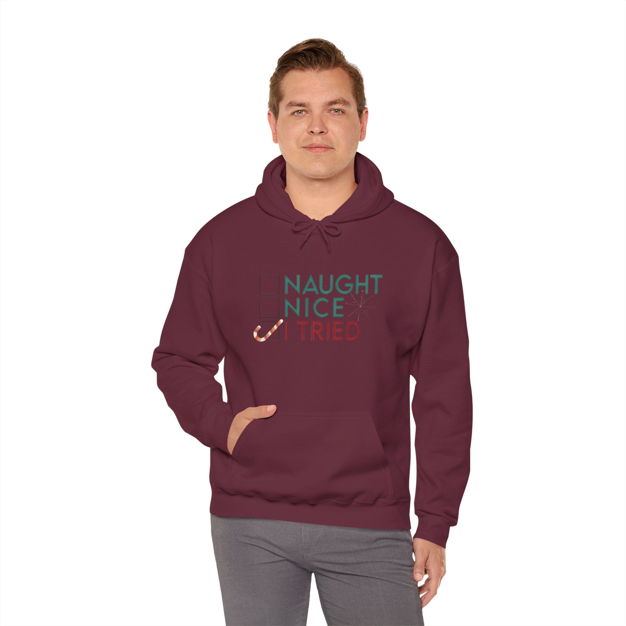 Holiday Hoodie — "Naughty, Nice, I Tried" Funny Christmas Sweatshirt