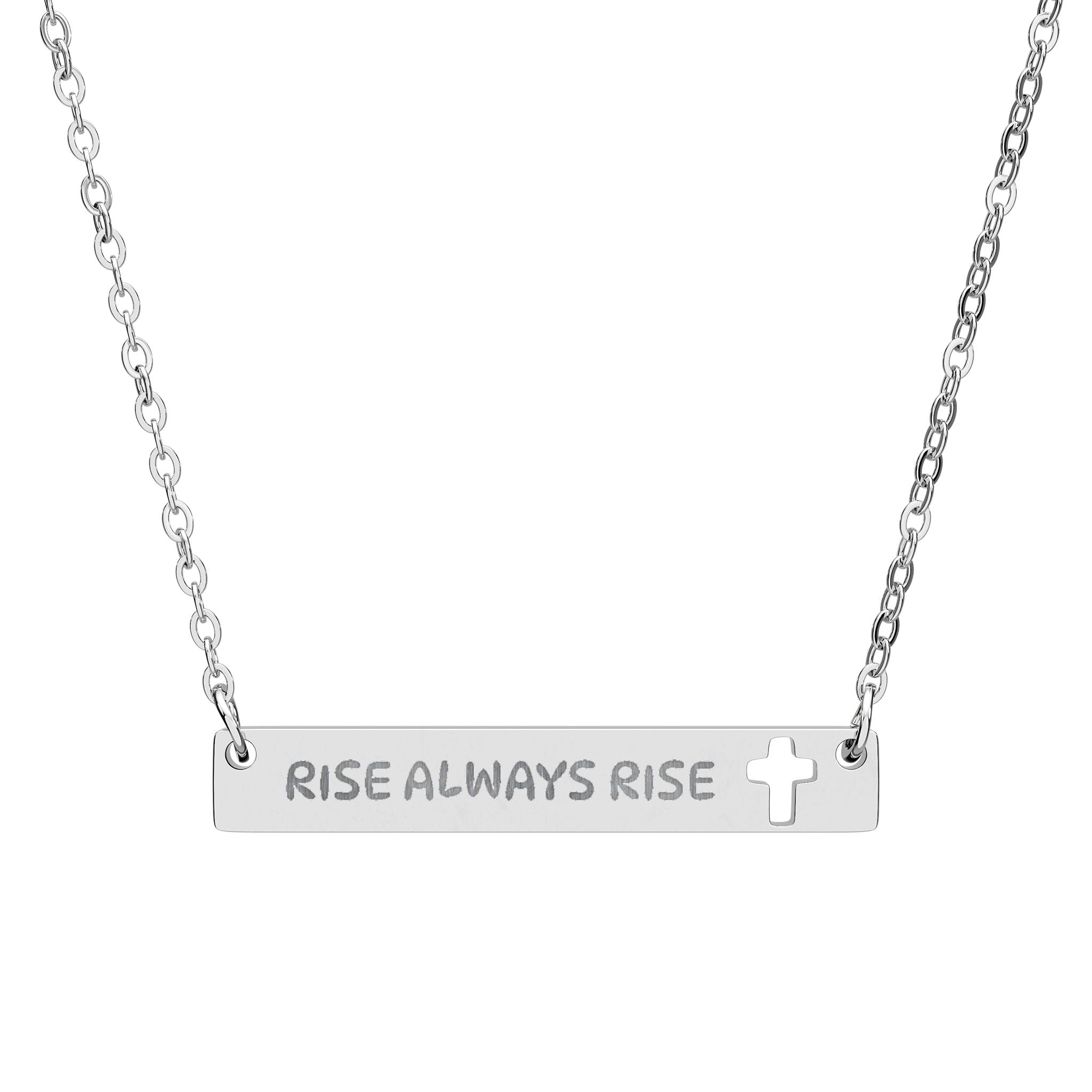 Cutout Cross Bar Necklace — Engraved "RISE ALWAYS RISE" Christian Pendant