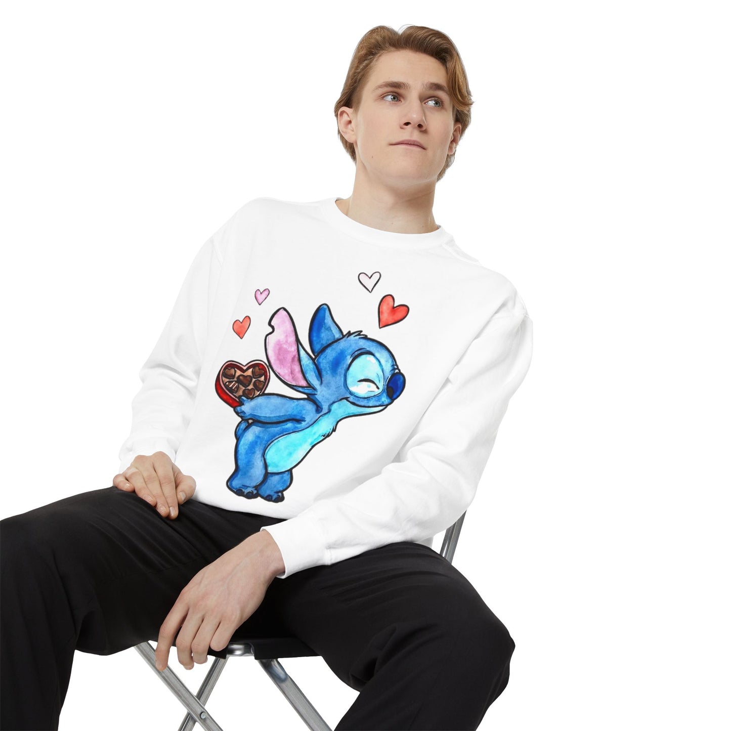 Stitch Valentine Sweatshirt — Cute Blue Alien with Hearts & Chocolate Pocket