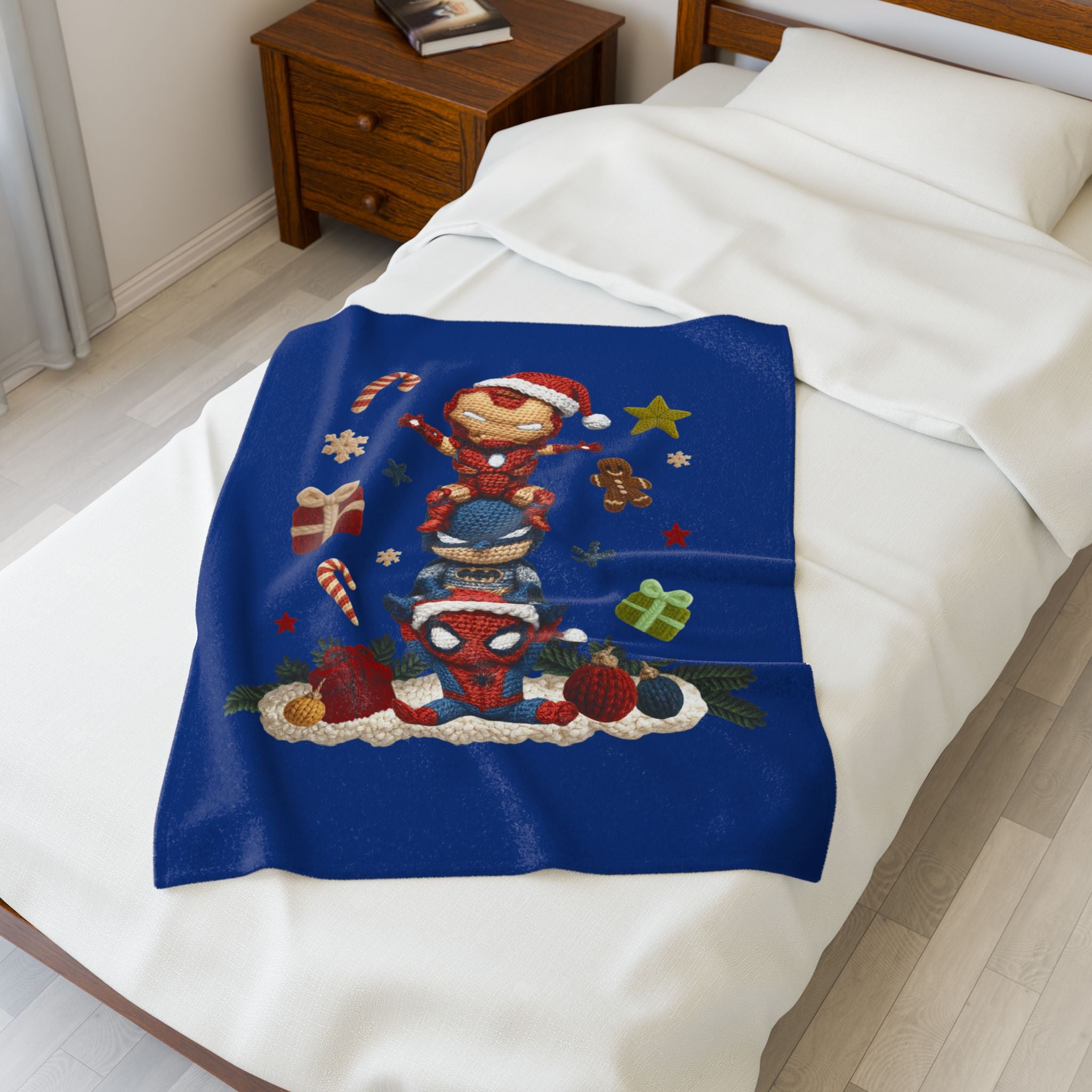 Plush Holiday Marvel Blanket — Cute Iron Man, Captain America & Spider-Man Stack with Christmas Gifts