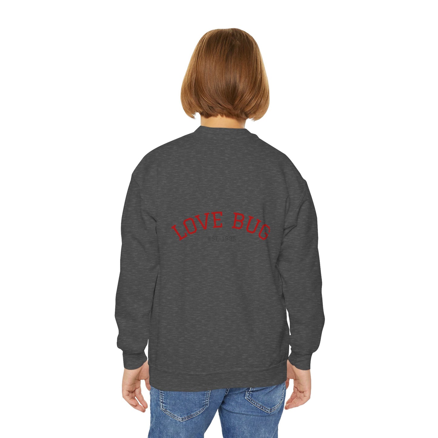 Youth Sweatshirt  Cute Girl with Heart Shower "Love Bug" Crewneck