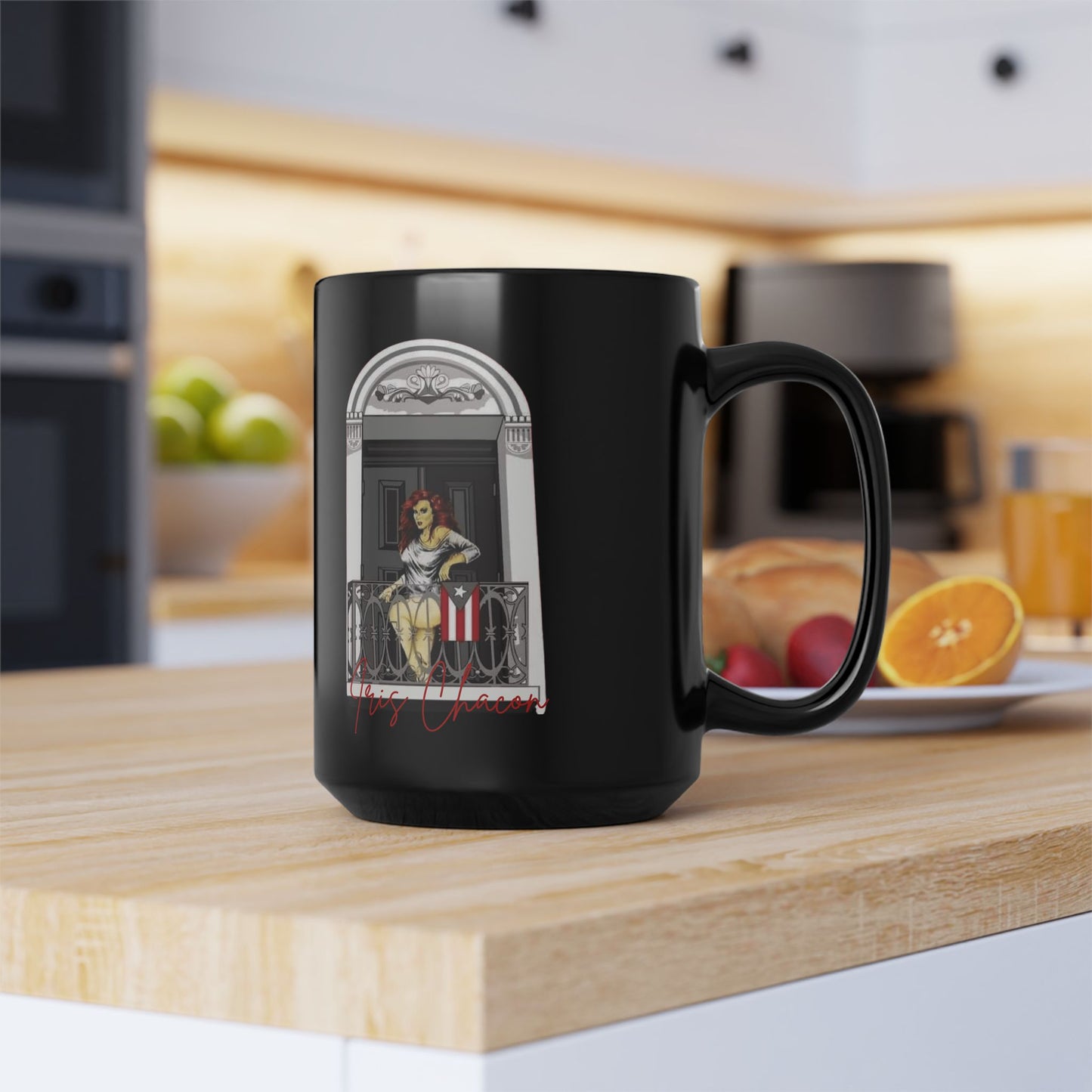 Iris Chacon Orgullo Boricua Chic Women's Coffee Mug, Stylish Black Cup, Gift for Her, Trendy Kitchen Decor, Perfect for Birthdays,