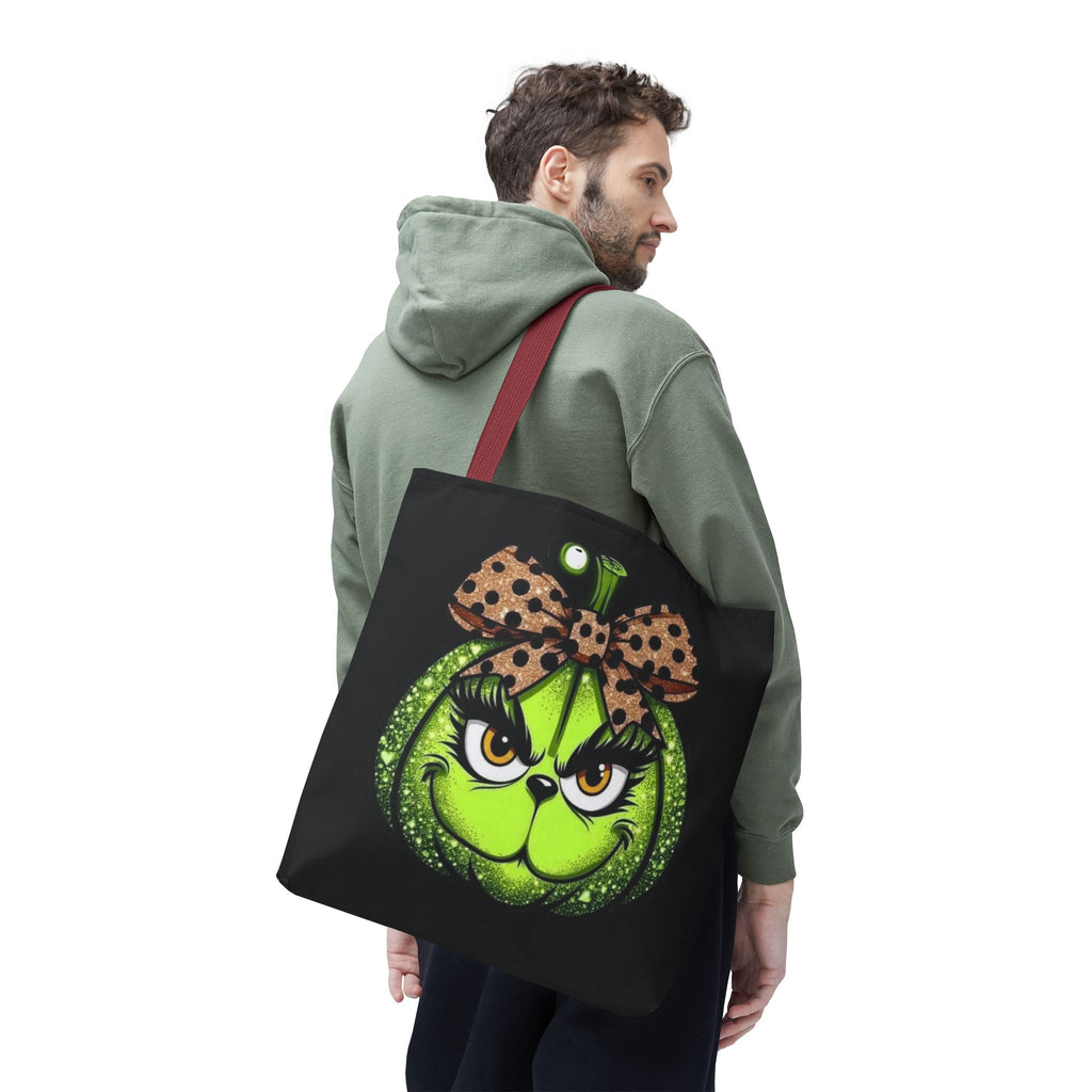Grinch-Inspired Tote Bag with Polka Dot Bow Christmas Tote Bag Festive Holiday Design