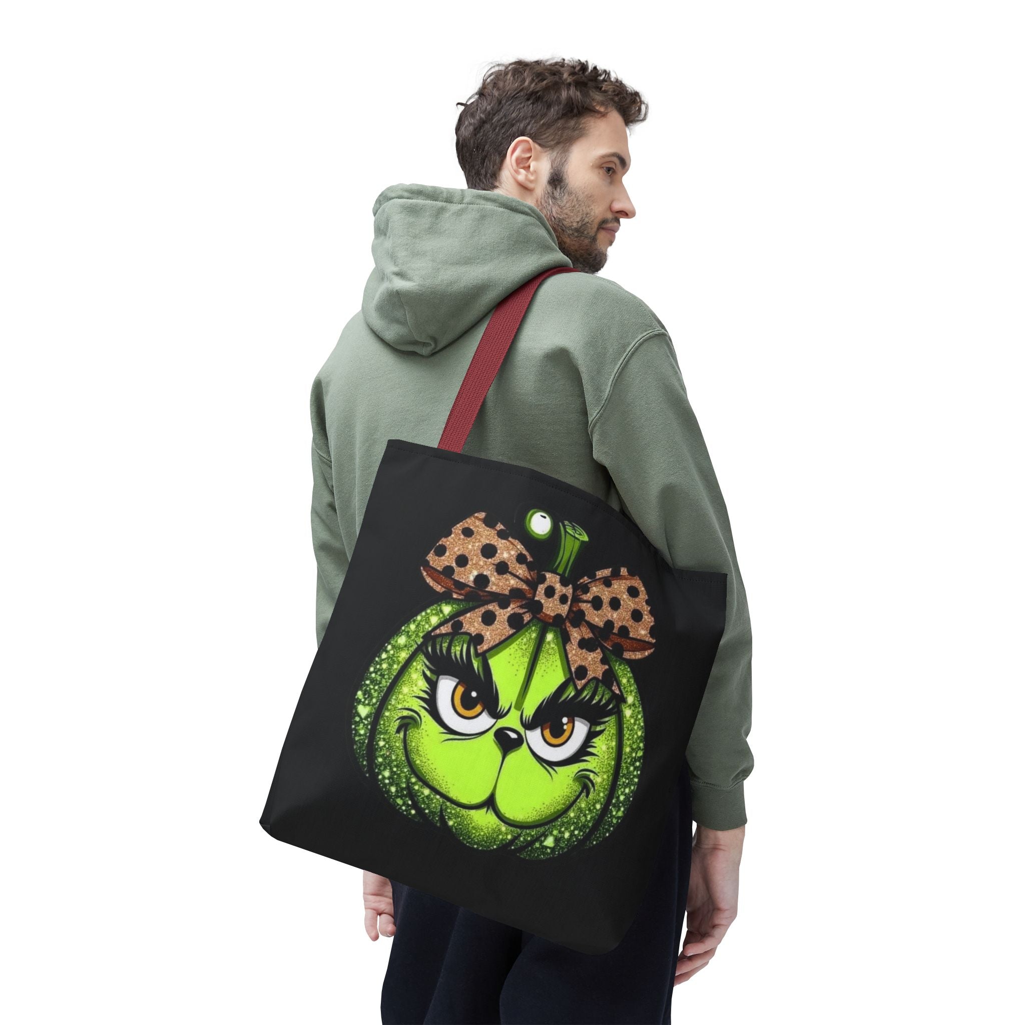 Grinch-Inspired Tote Bag with Polka Dot Bow Christmas Tote Bag Festive Holiday Design
