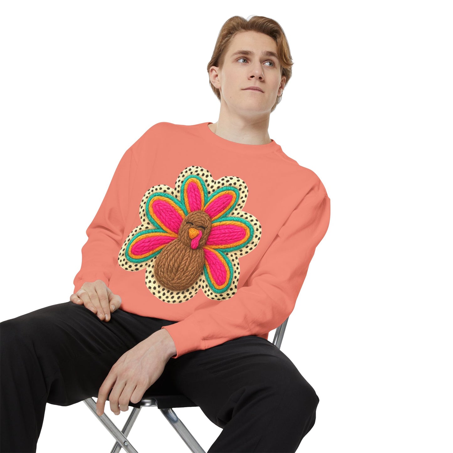 Festive Holiday Designs Turkey Patch Sweatshirt — Colorful Embroidered Thanksgiving Pullover