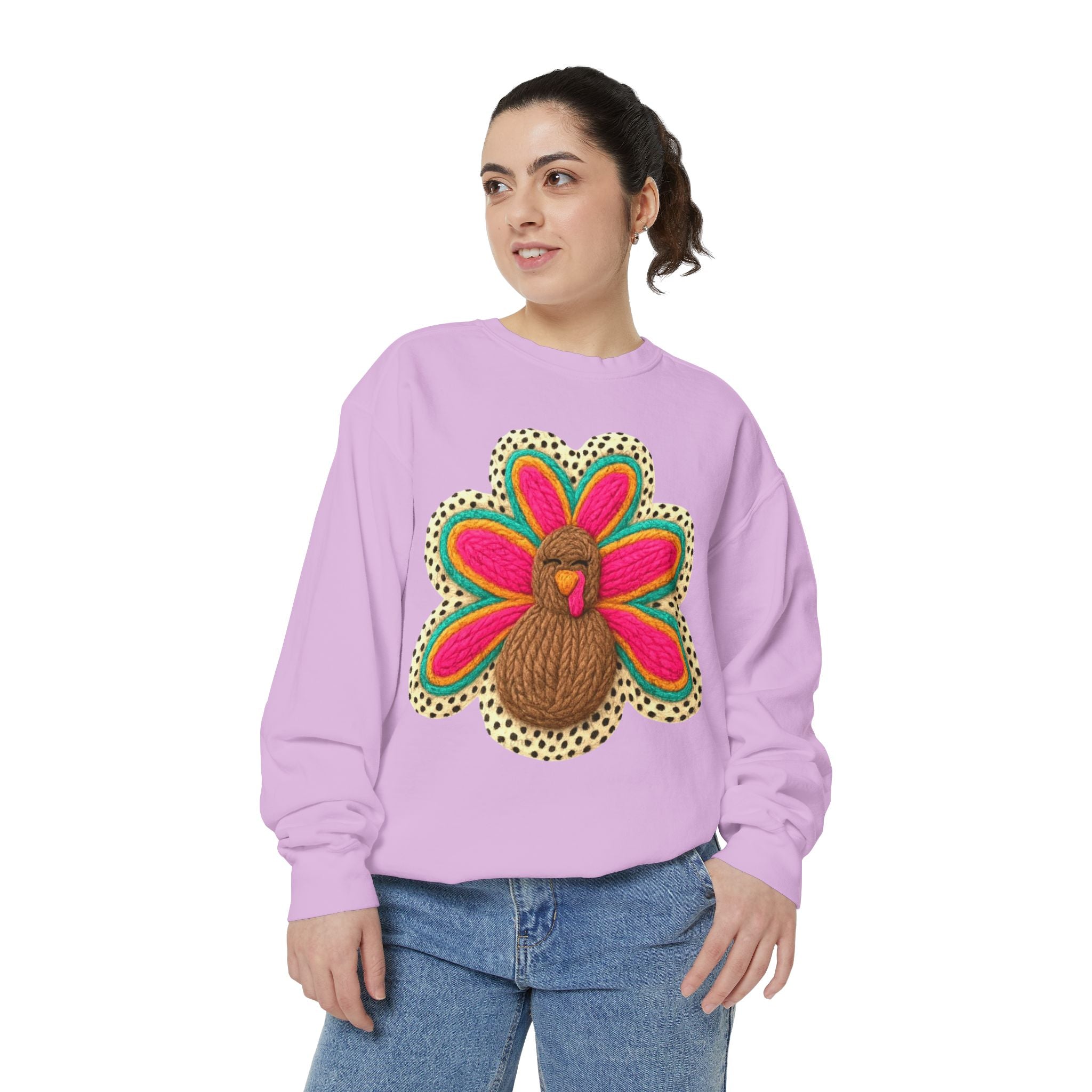 Festive Holiday Designs Turkey Patch Sweatshirt — Colorful Embroidered Thanksgiving Pullover