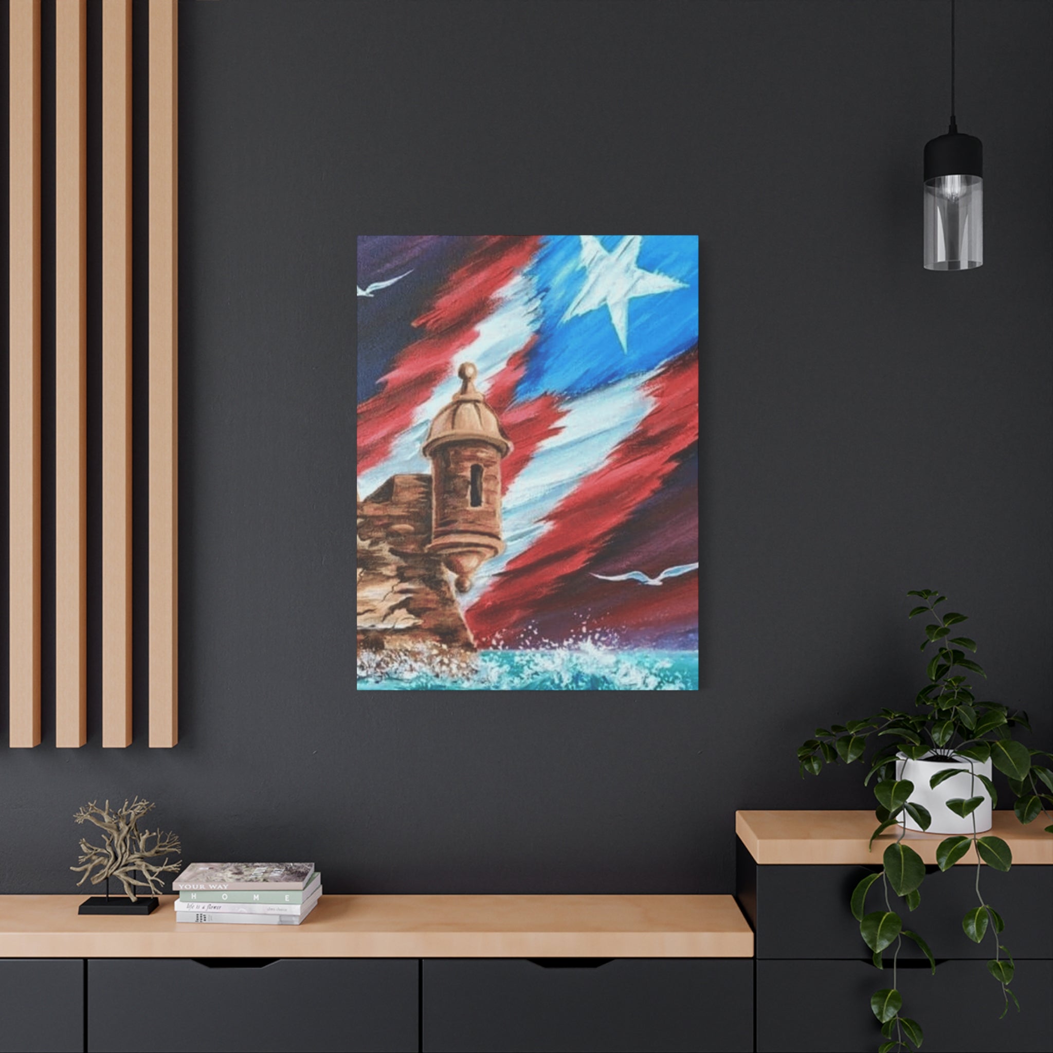 Patriotic Castillo Canvas Wall Art – Puerto Rico Flag Coastal Fortress Print