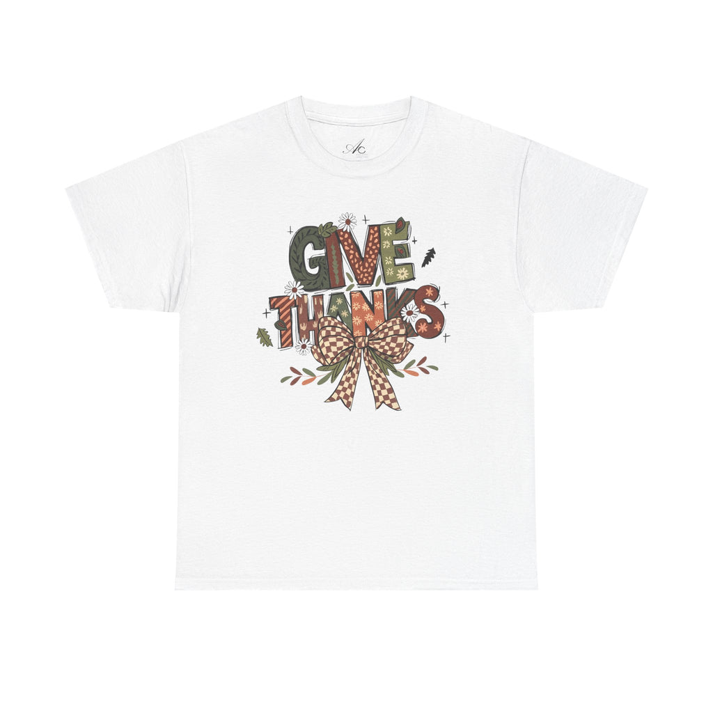 Give Thanks Tee Thanksgiving Graphic T-Shirt with Rustic Bow Design